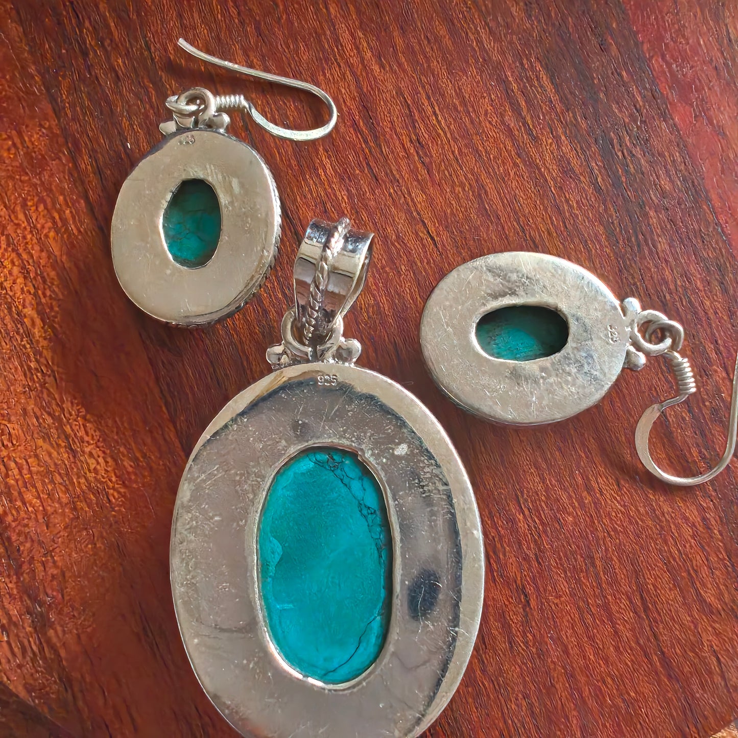 925 Silver Turquoise Color Stone Pendant And Hook Earrings Set