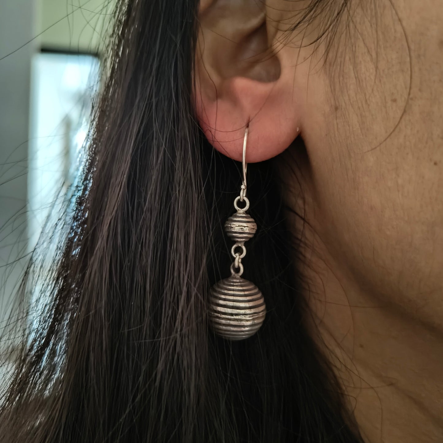Ball Drop Spiral Textured Double Circle With Hooks Earrings
