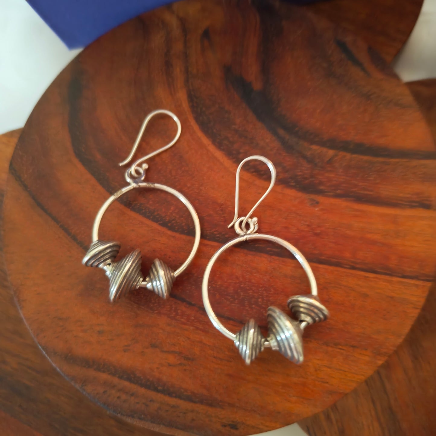 Silver Circular Textured Beaded Drop Earrings With Hooks
