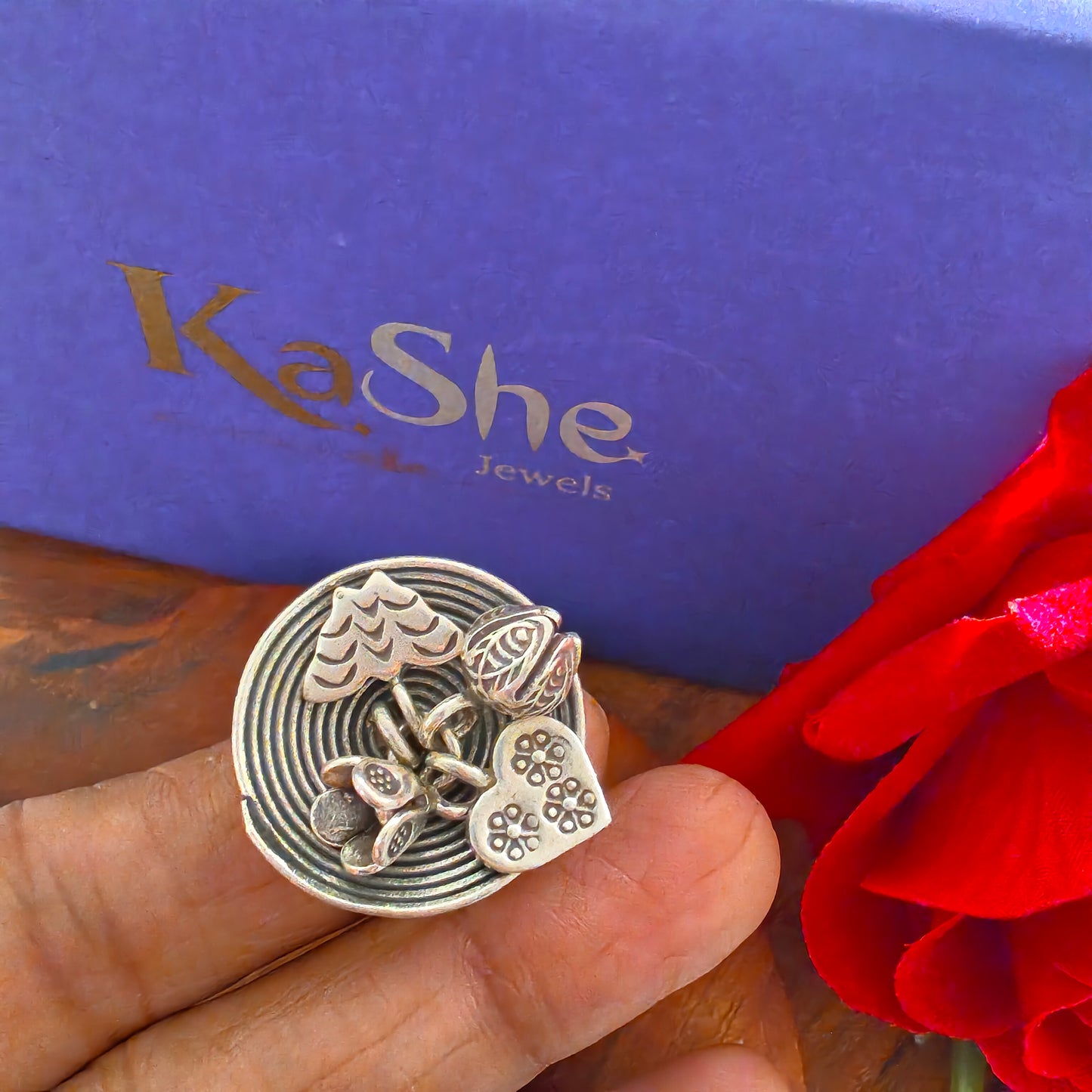 Statement Spiral Ring With Charms Heart Butterfly Flower Bud