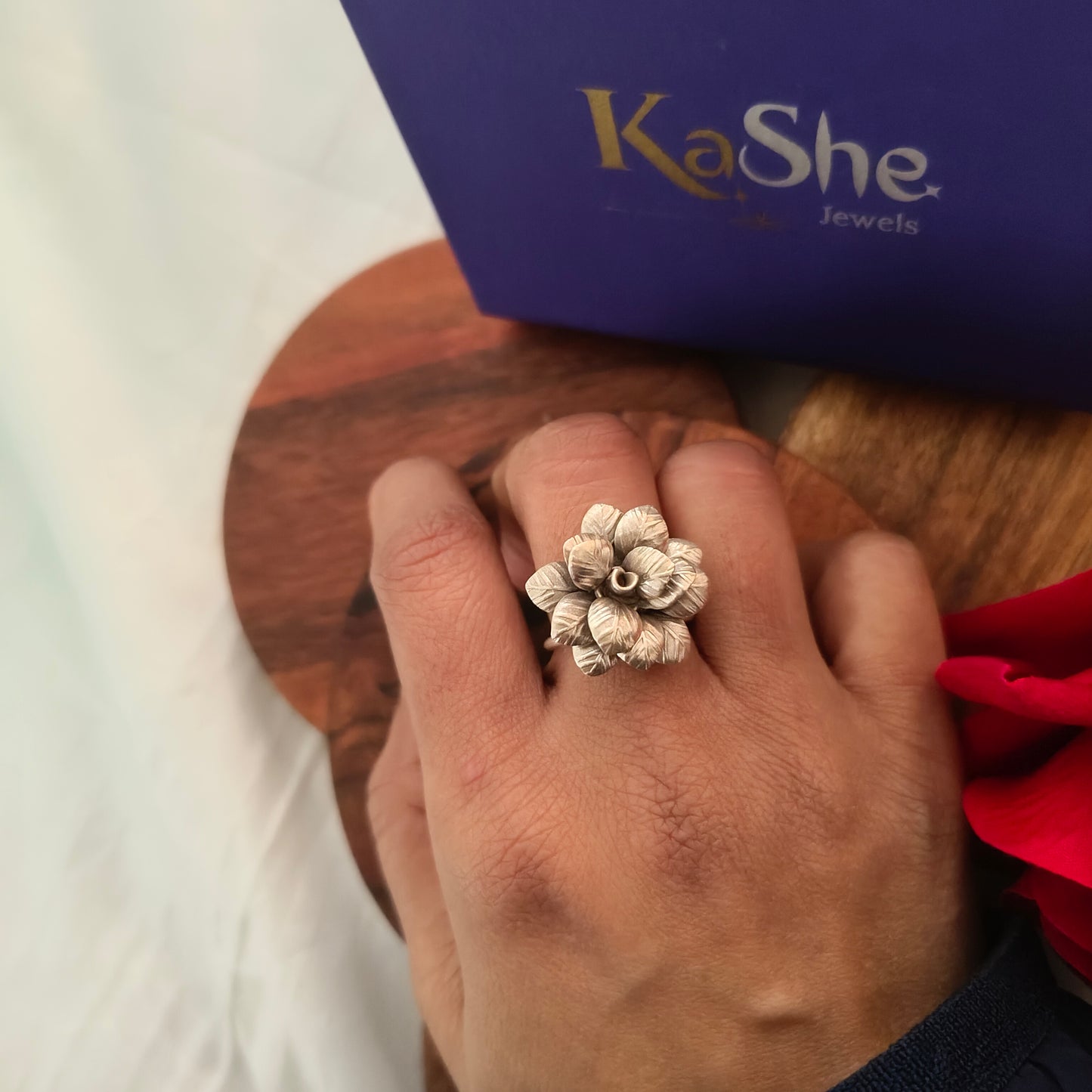 Statement Exclusive 3D Textured Oxidised Petal Rose Floral Ring
