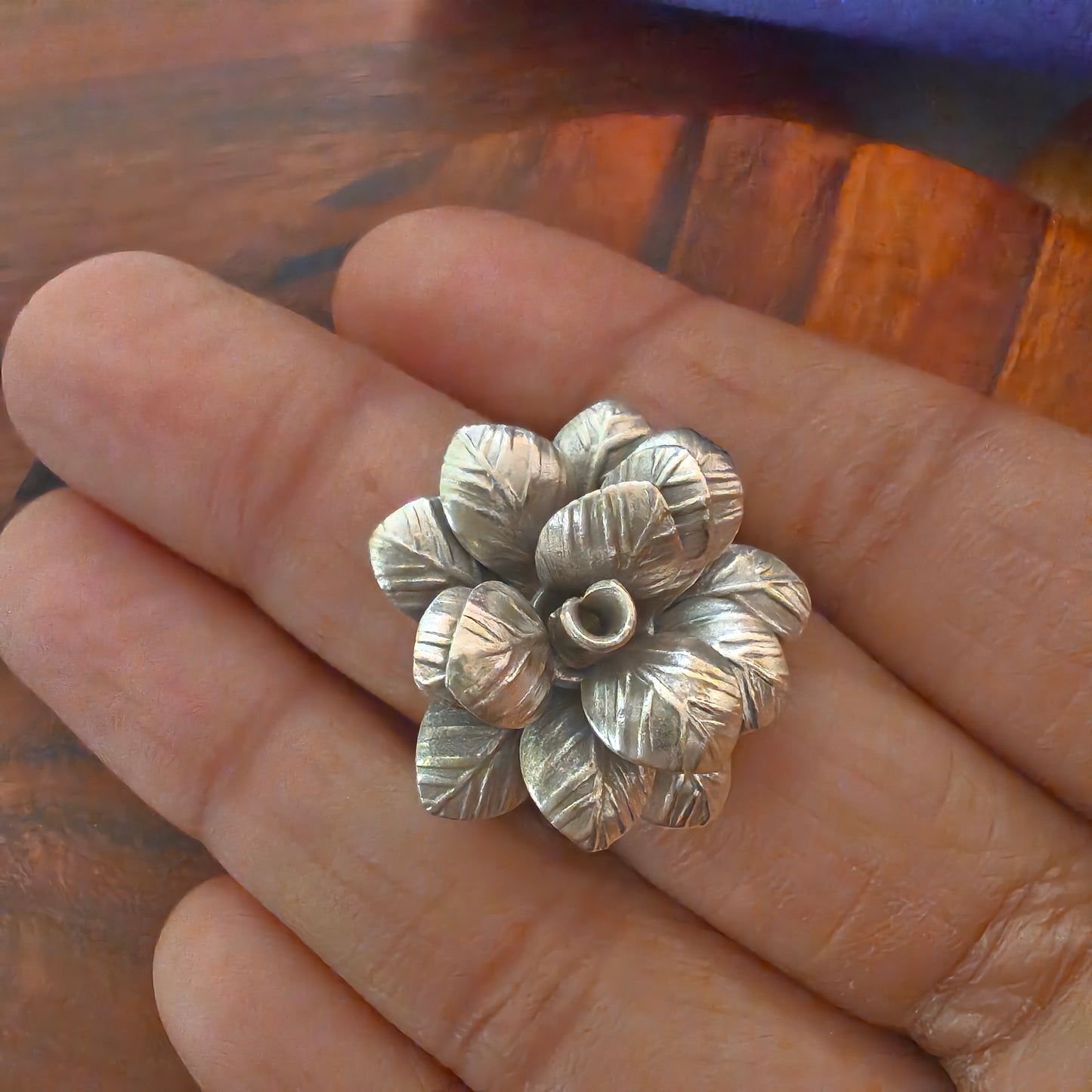 Statement Exclusive 3D Textured Oxidised Petal Rose Floral Ring