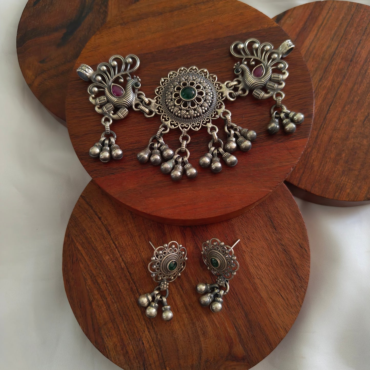 Choker Necklace with Handcrafted Peacock Motifs and Circular Centre With Silve Ball Drops