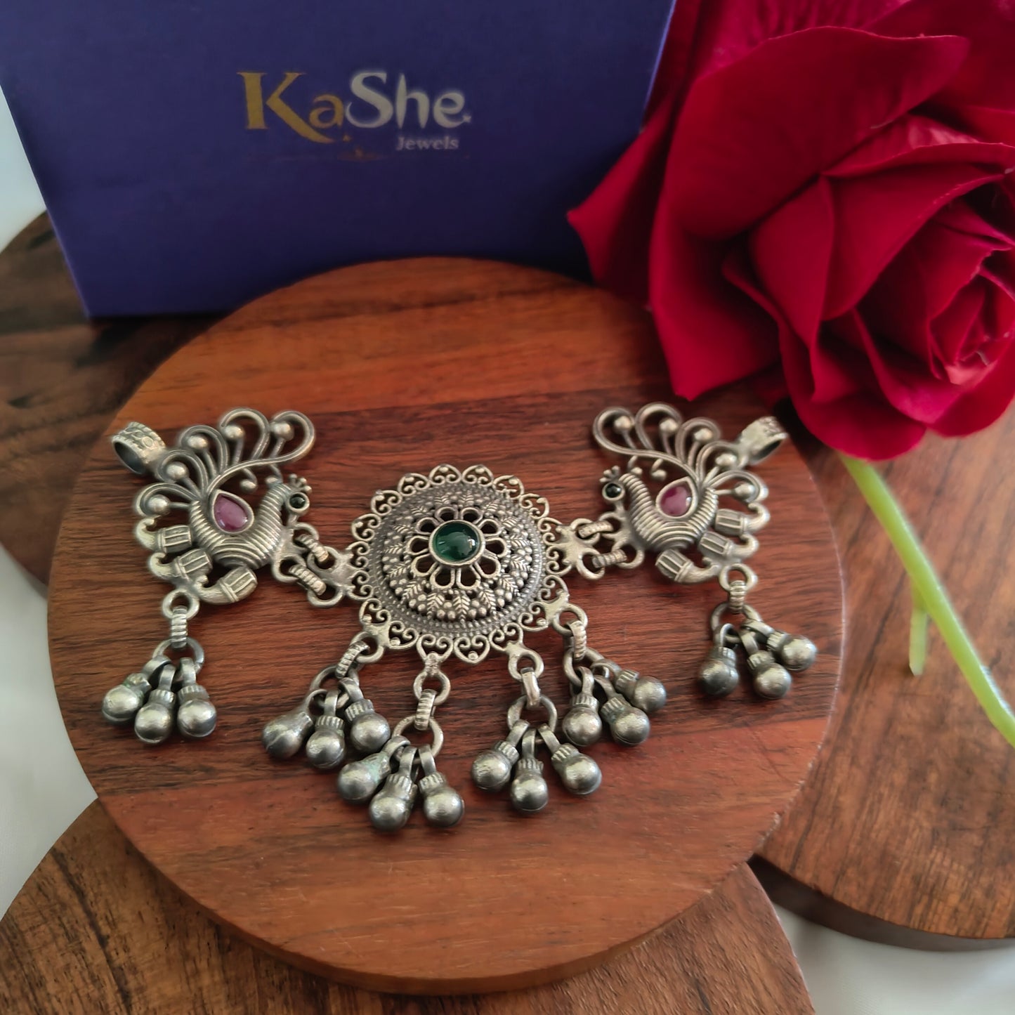 Choker Necklace with Handcrafted Peacock Motifs and Circular Centre With Silve Ball Drops