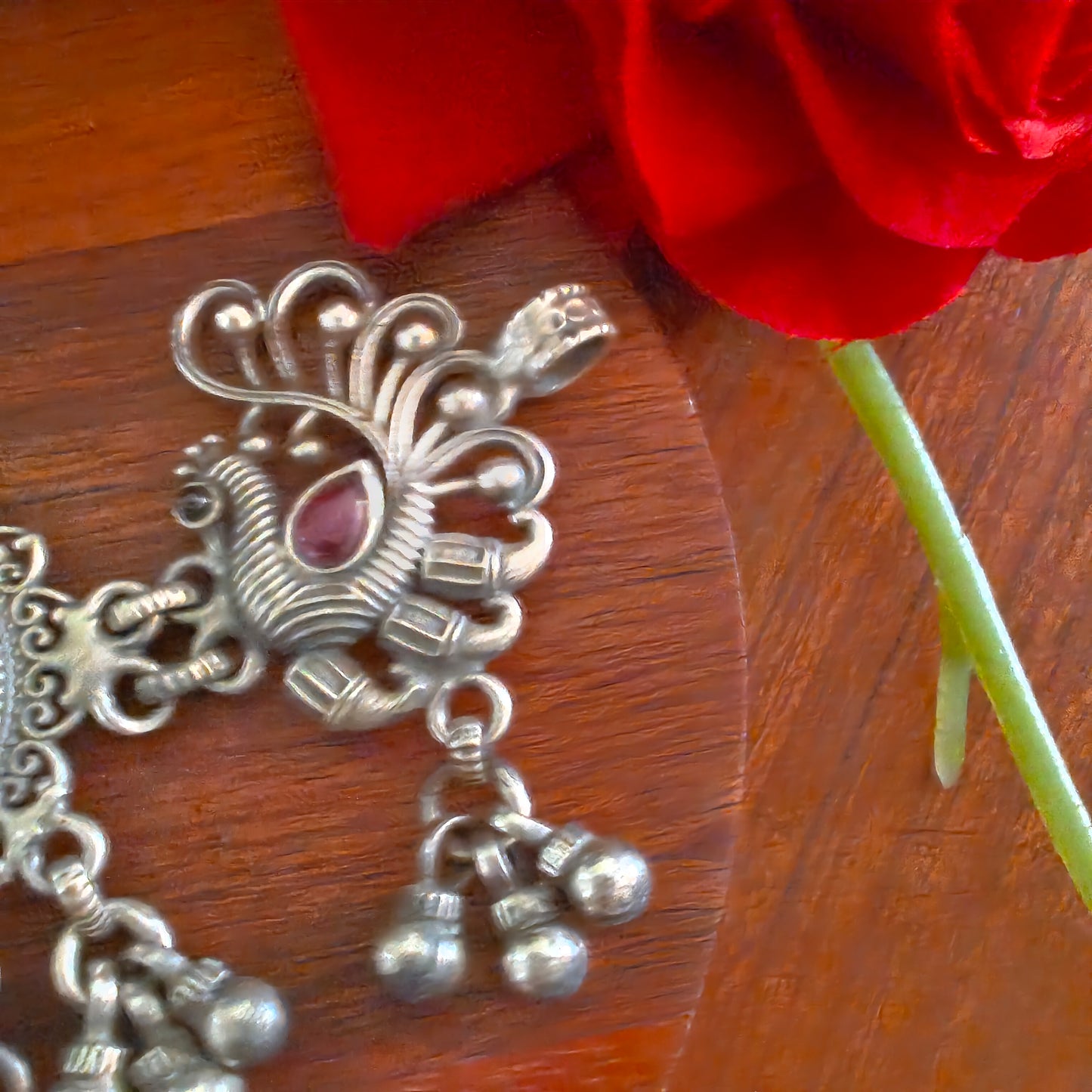 Choker Necklace with Handcrafted Peacock Motifs and Circular Centre With Silve Ball Drops