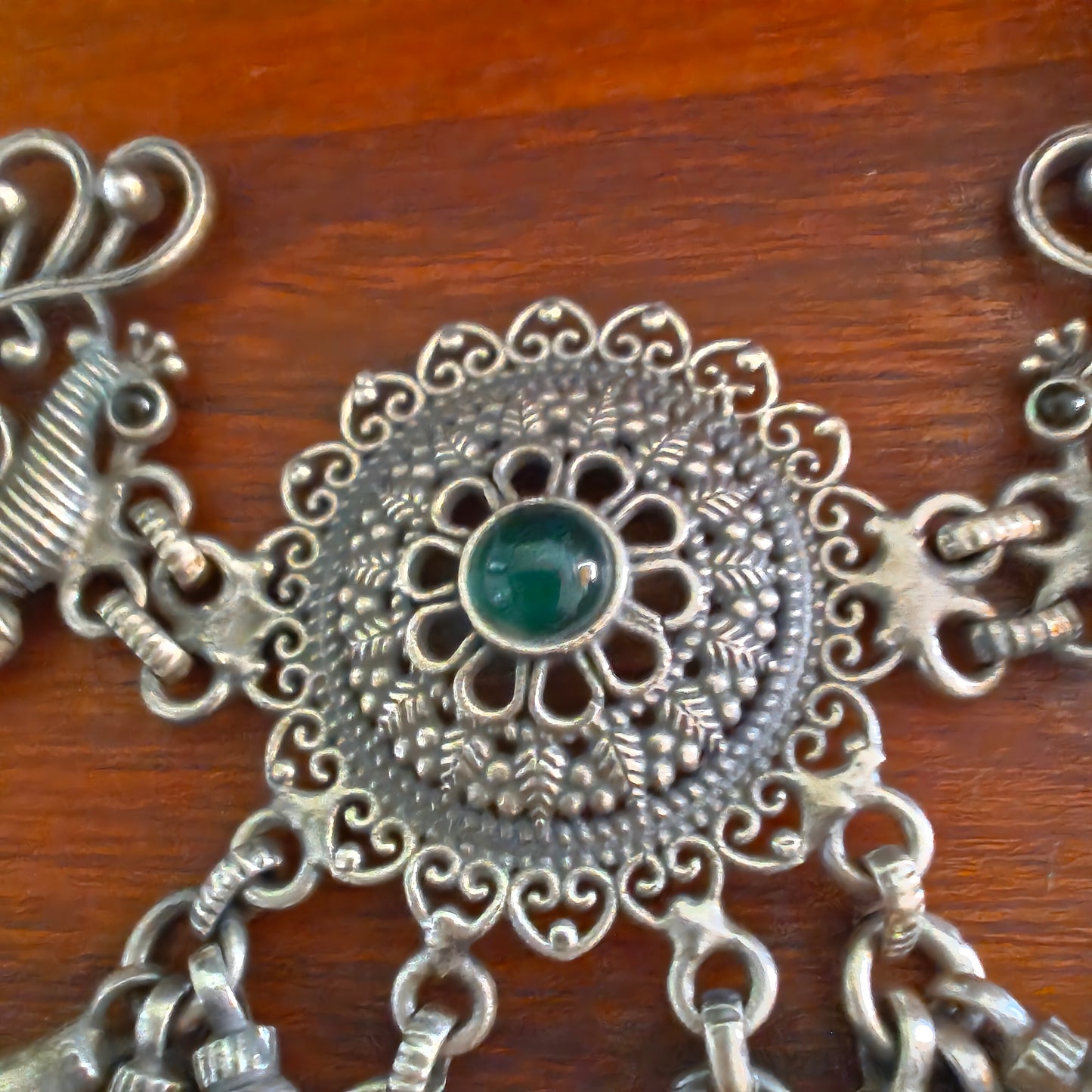 Choker Necklace with Handcrafted Peacock Motifs and Circular Centre With Silve Ball Drops