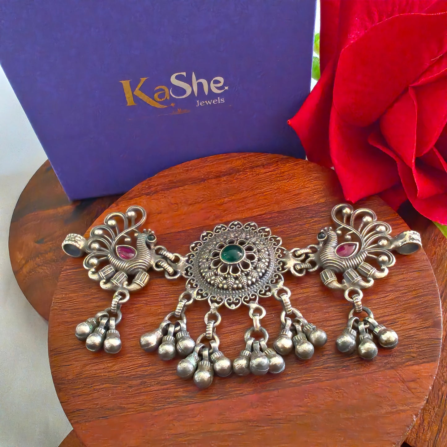 Choker Necklace with Handcrafted Peacock Motifs and Circular Centre With Silve Ball Drops