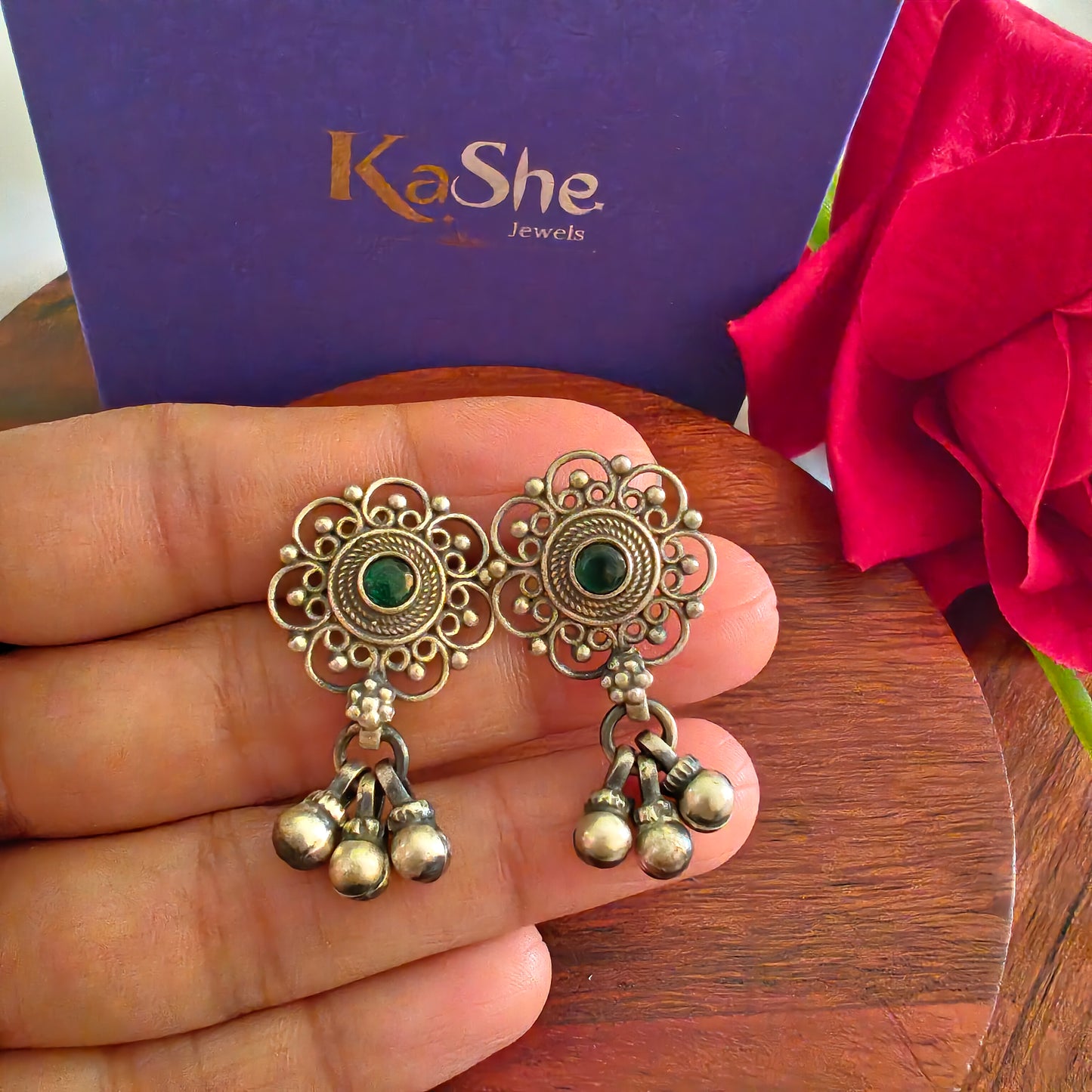 Elegant Circle Intricate Stud Green Stone Earrings With Ball Drops