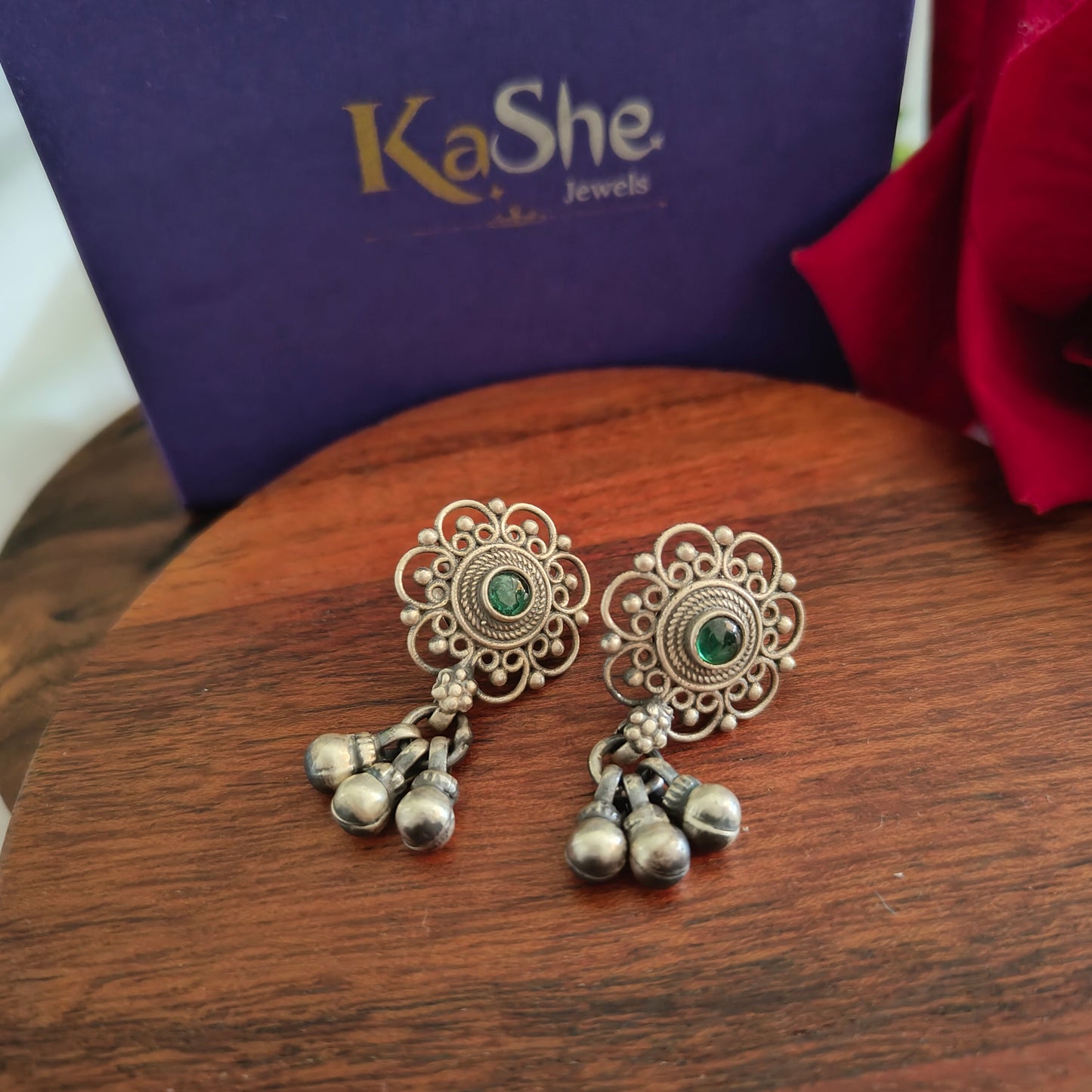 Elegant Circle Intricate Stud Green Stone Earrings With Ball Drops