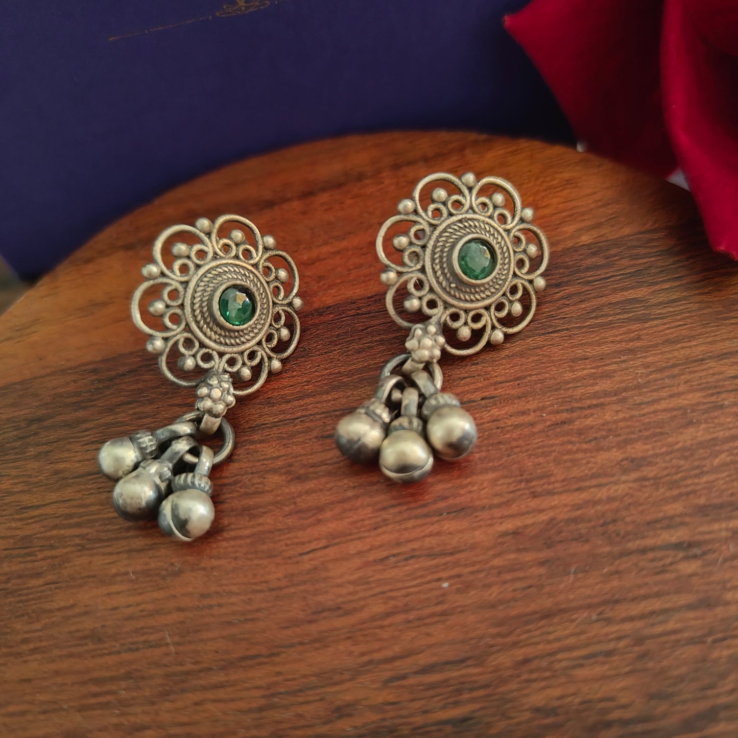 Elegant Circle Intricate Stud Green Stone Earrings With Ball Drops