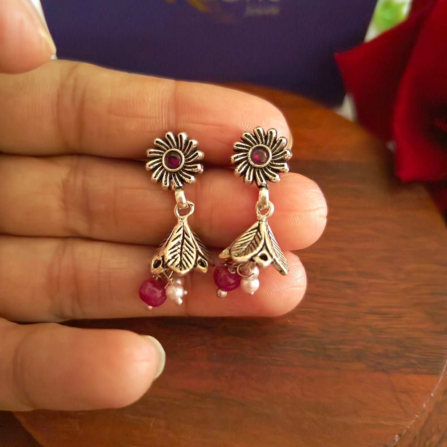 Elegant Circular Floral Intricate Stud Red Stone Earrings With Bud Pearl And Stone Drops