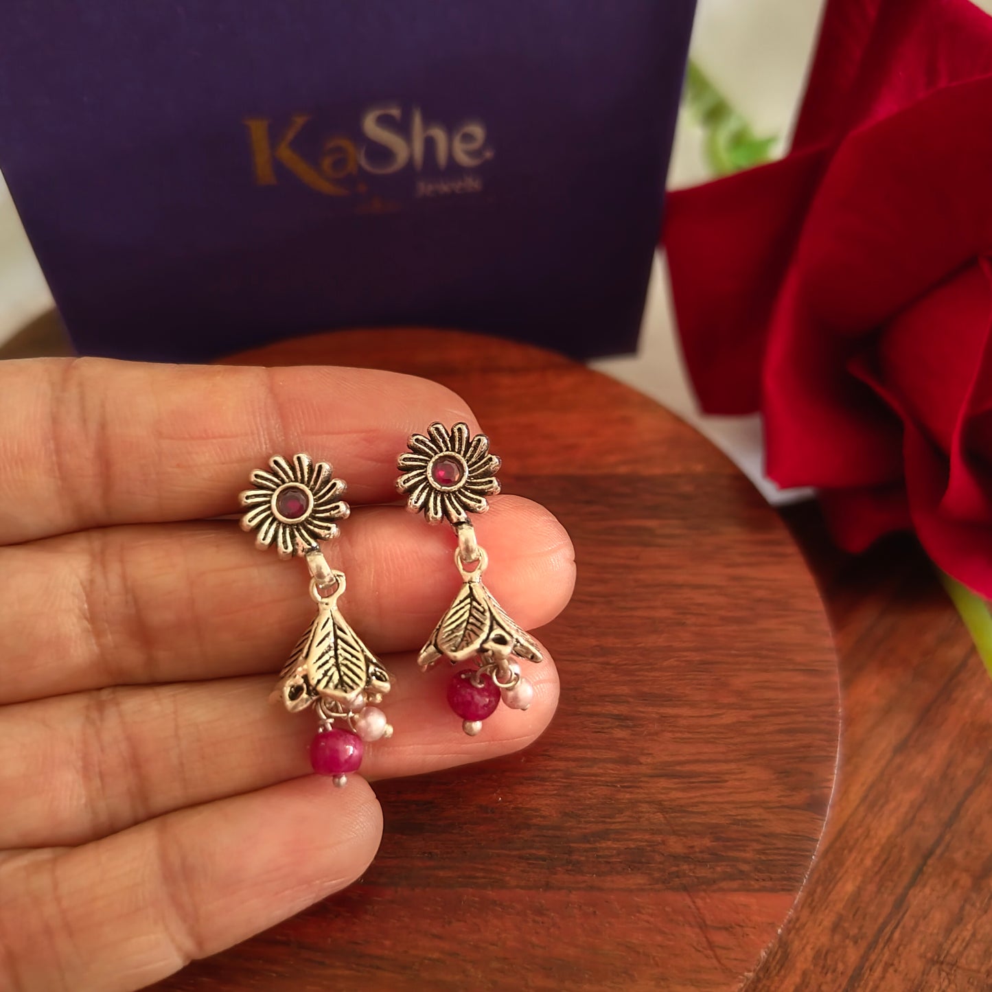 Elegant Circular Floral Intricate Stud Red Stone Earrings With Bud Pearl And Stone Drops