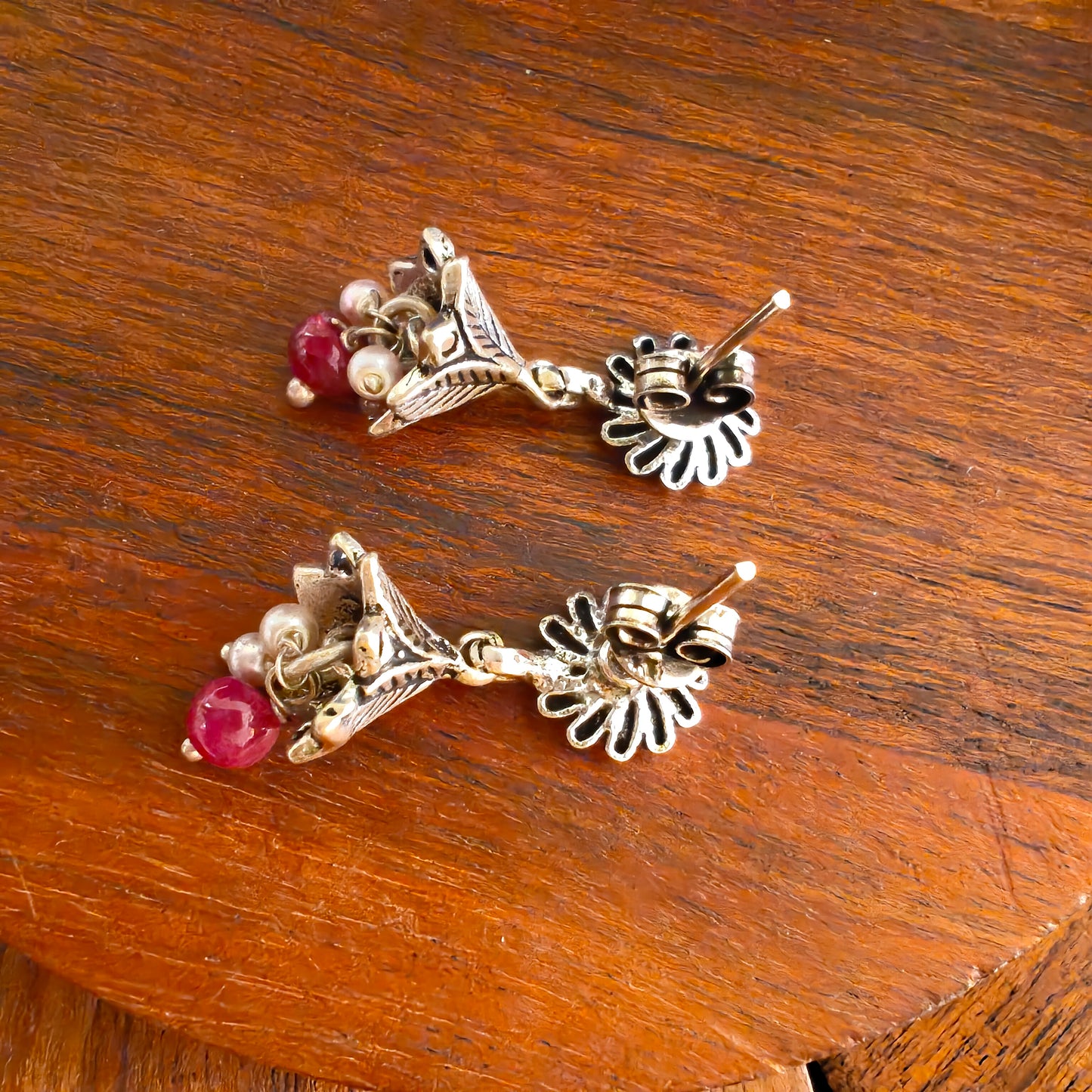Elegant Circular Floral Intricate Stud Red Stone Earrings With Bud Pearl And Stone Drops