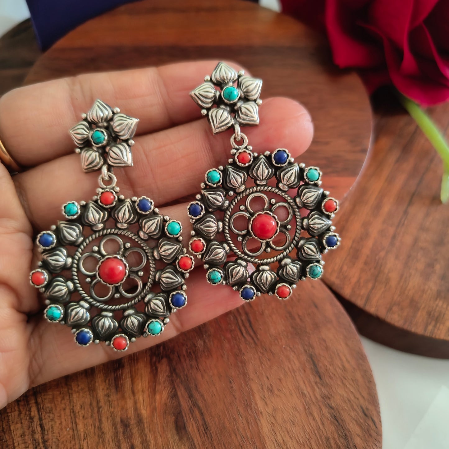 925 Silver Mutli-Color Floral Circular Long Statement Dangler