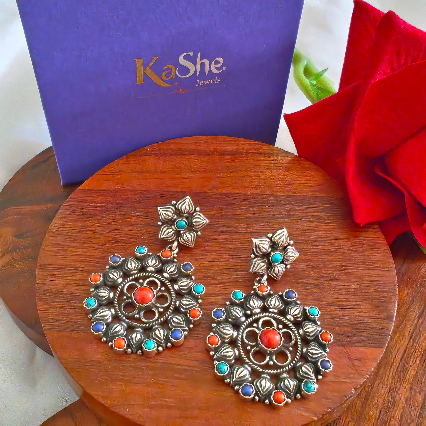 925 Silver Mutli-Color Floral Circular Long Statement Dangler