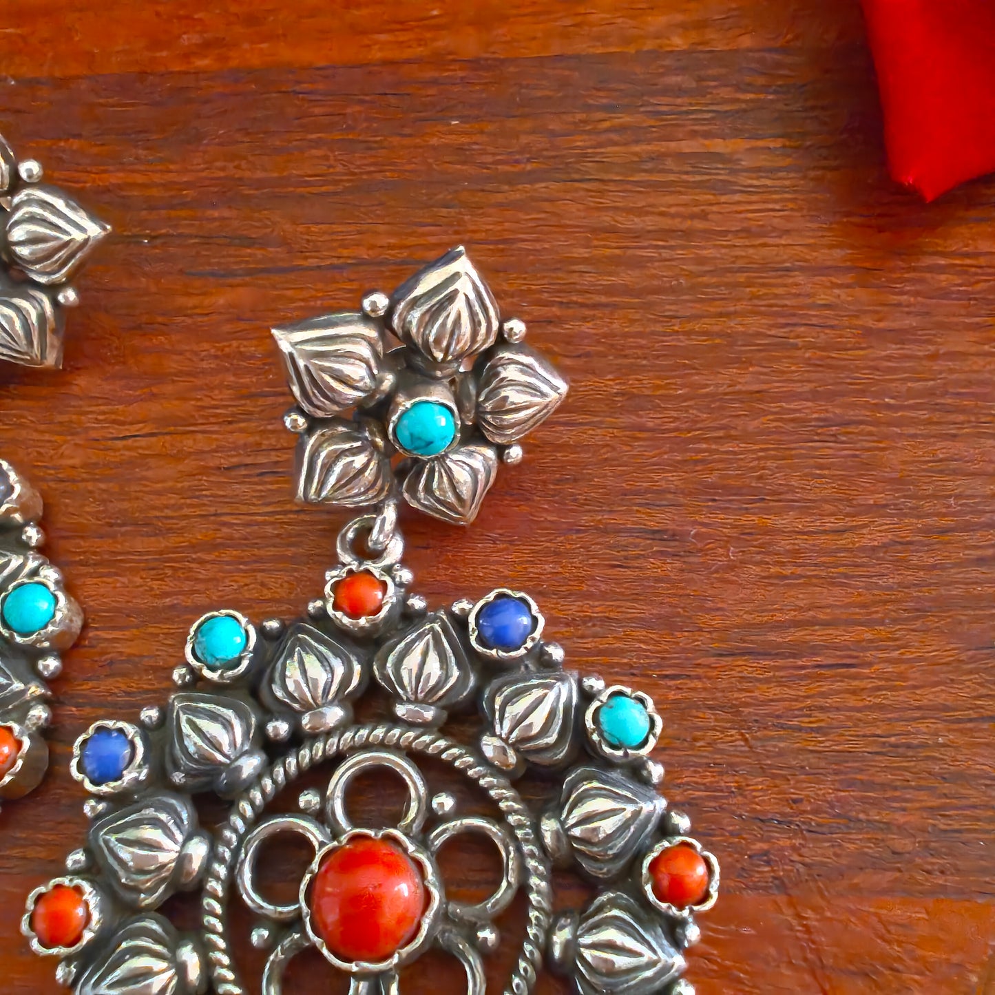 925 Silver Mutli-Color Floral Circular Long Statement Dangler