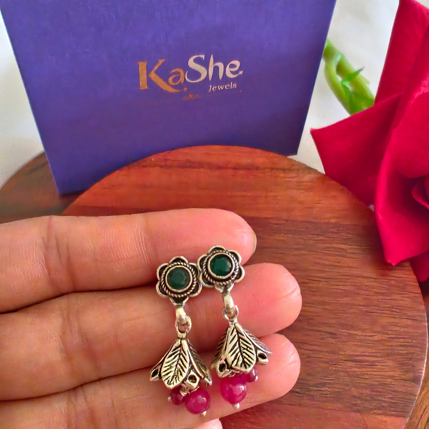 Elegant Circular Floral Intricate Green Stone Stud Earrings With Bud, Red Stone Drops