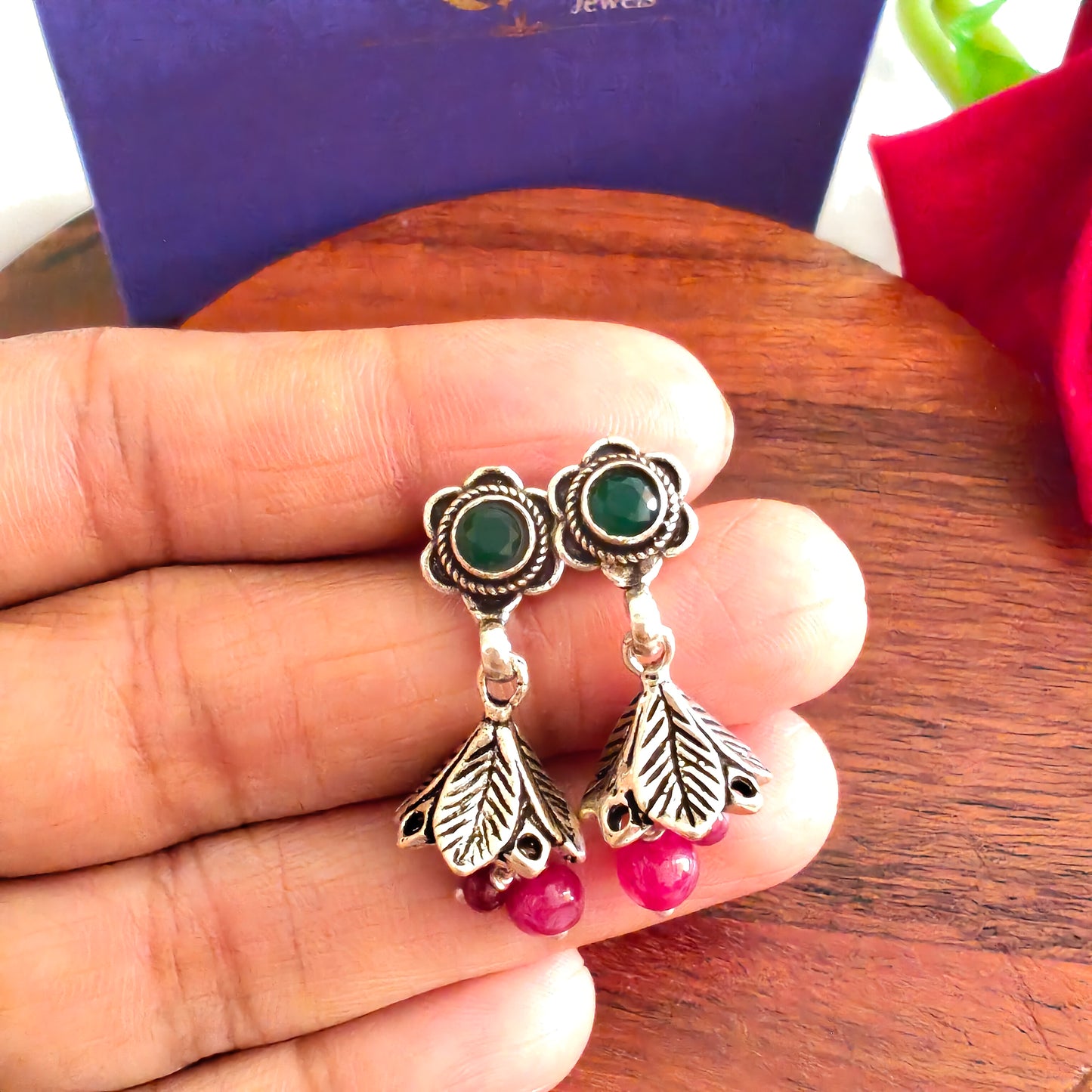 Elegant Circular Floral Intricate Green Stone Stud Earrings With Bud, Red Stone Drops