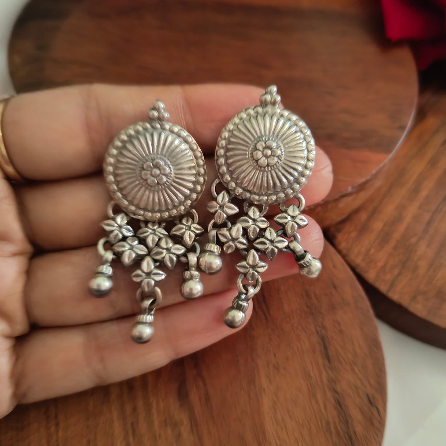 925 Silver Floral Circular Stud, Floral Jali Link and Ball Drops Statement Dangler