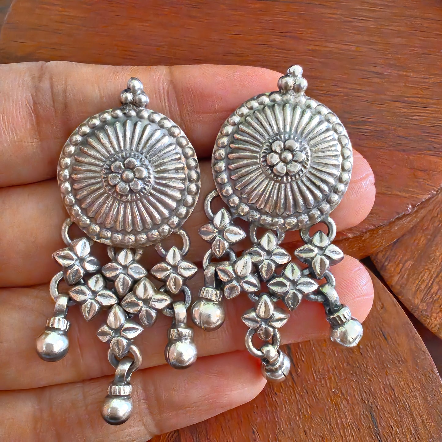 925 Silver Floral Circular Stud, Floral Jali Link and Ball Drops Statement Dangler