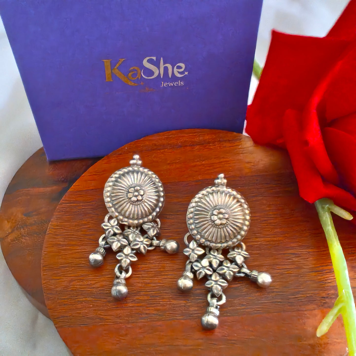 925 Silver Floral Circular Stud, Floral Jali Link and Ball Drops Statement Dangler