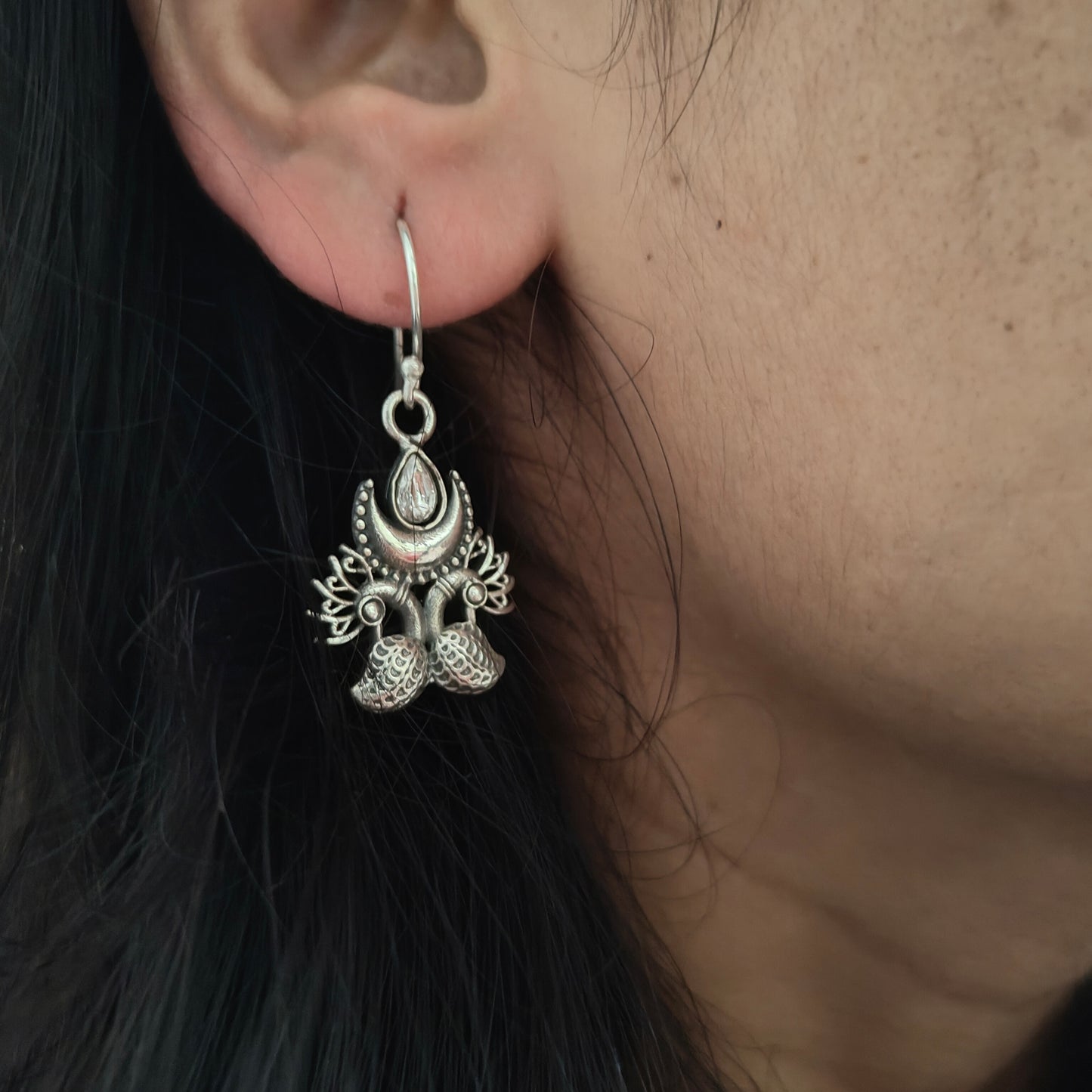Elegant Crescent Half Moon Peacock With White Stone Hook Earring