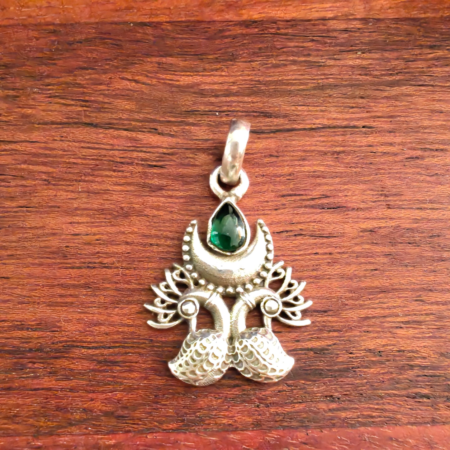 Elegant Crescent Half Moon Peacock With Green Stone Pendant