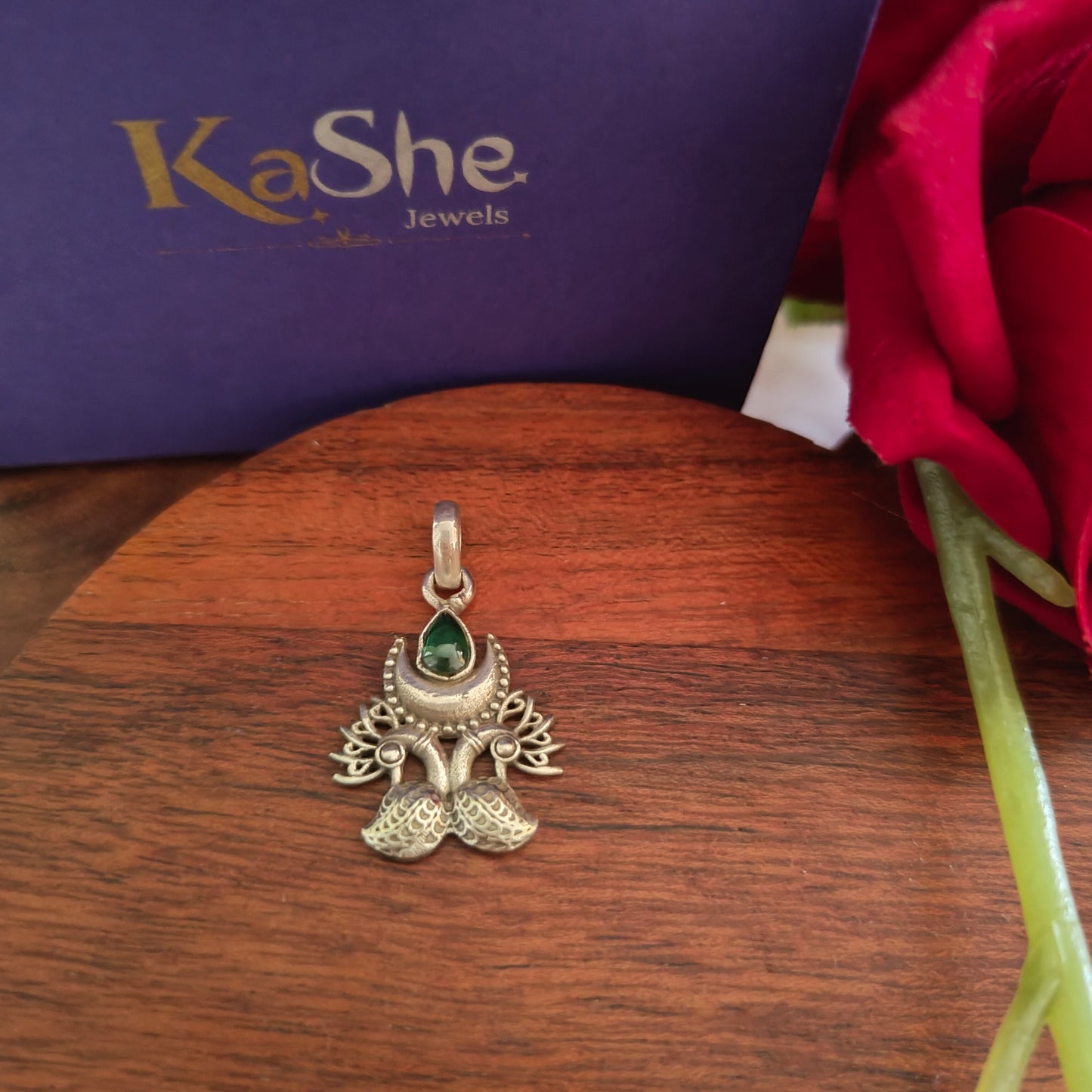 Elegant Crescent Half Moon Peacock With Green Stone Pendant