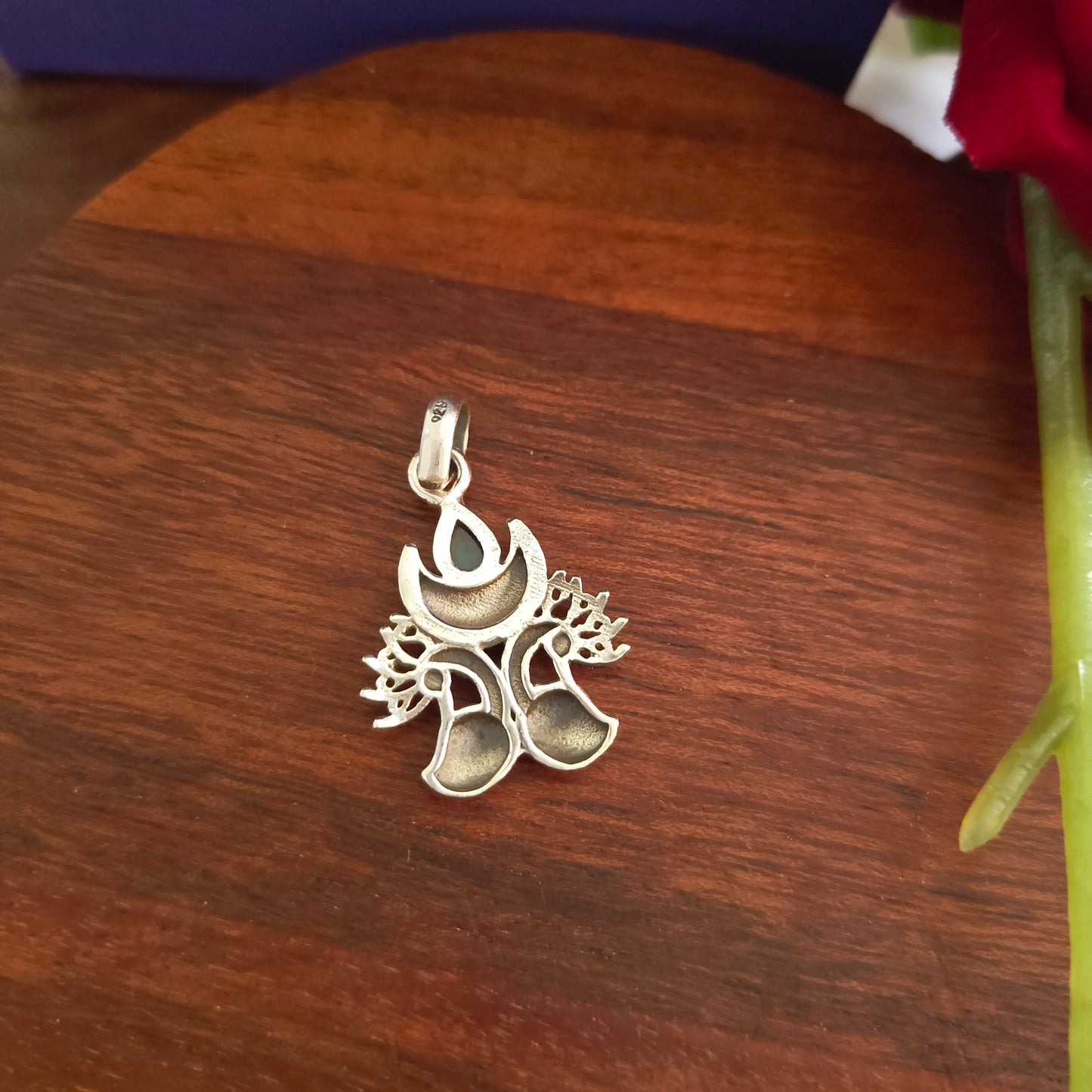Elegant Crescent Half Moon Peacock With Green Stone Pendant