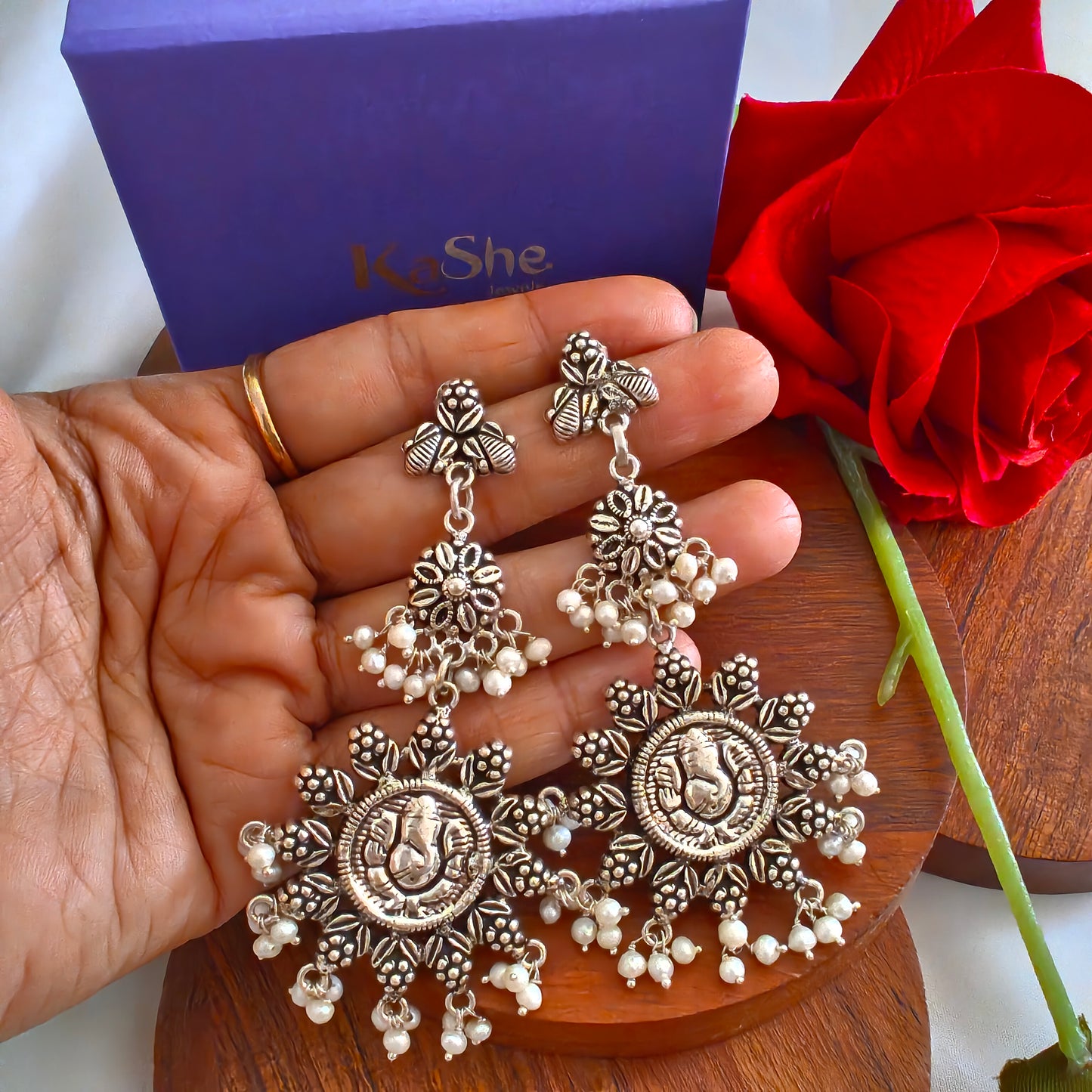 925 Silver Floral Work And Circular Ganesha Ganpati Jali Stud With Pearl Drops Statement Dangler