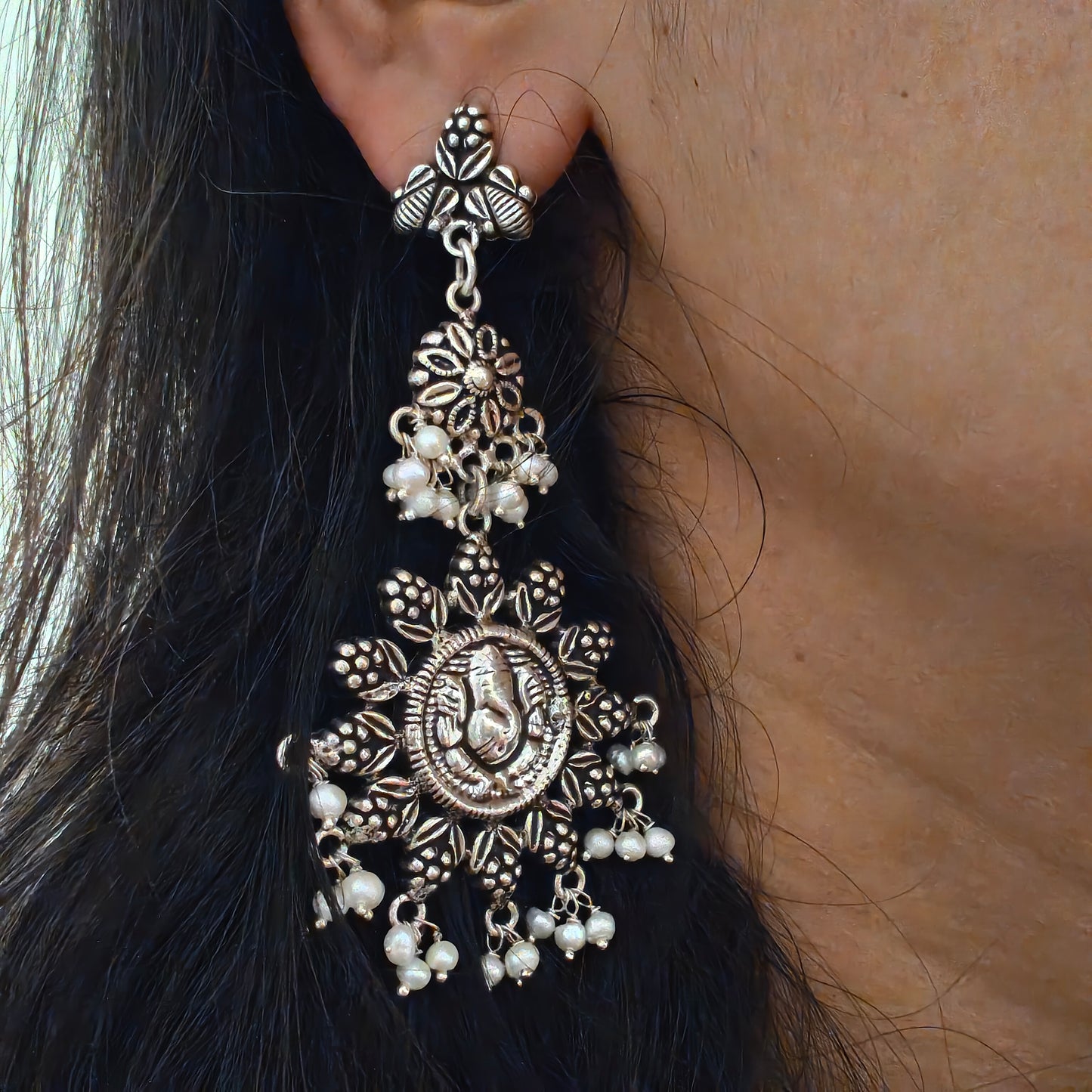 925 Silver Floral Work And Circular Ganesha Ganpati Jali Stud With Pearl Drops Statement Dangler