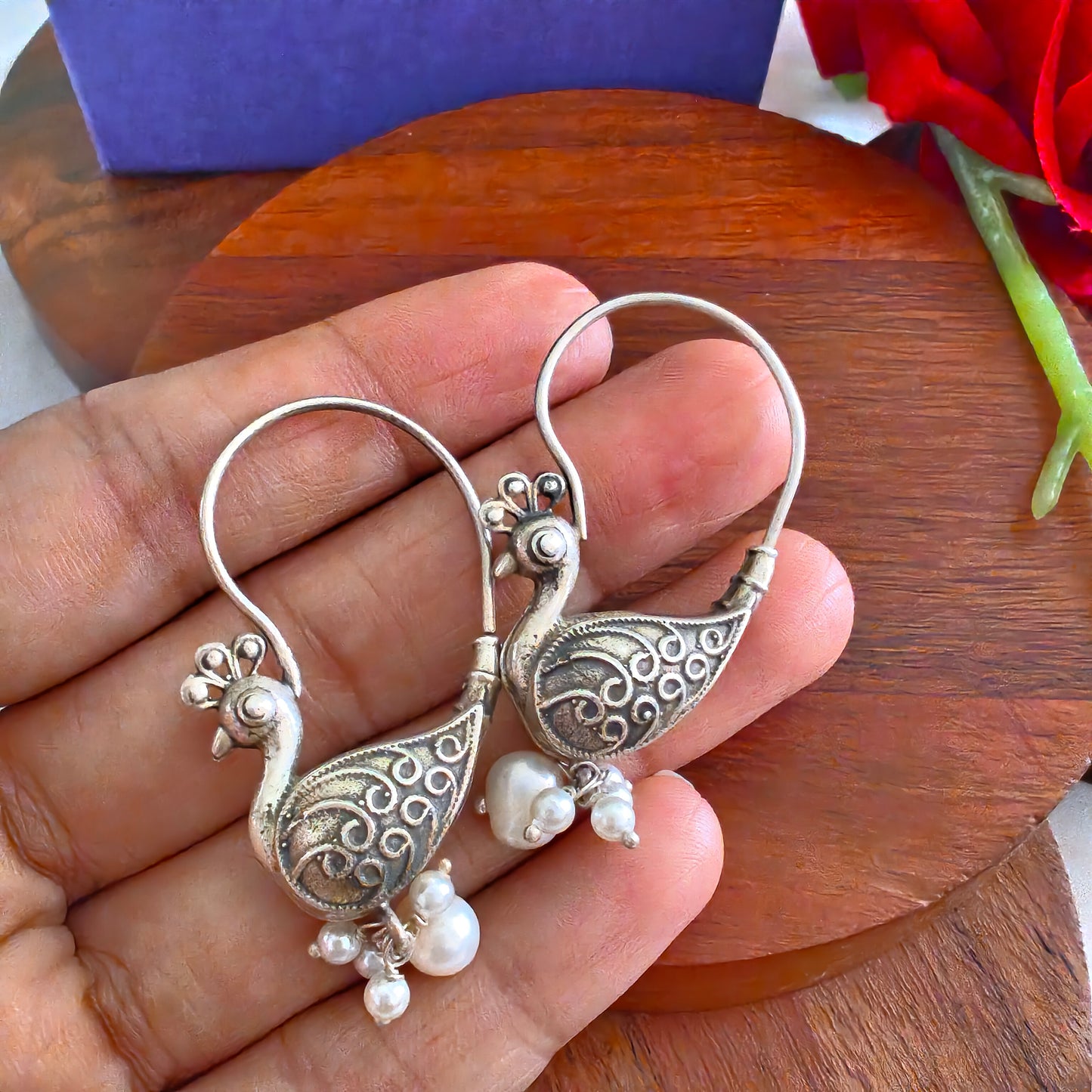 Elegant 3D Bird Pearl Drop Hoops
