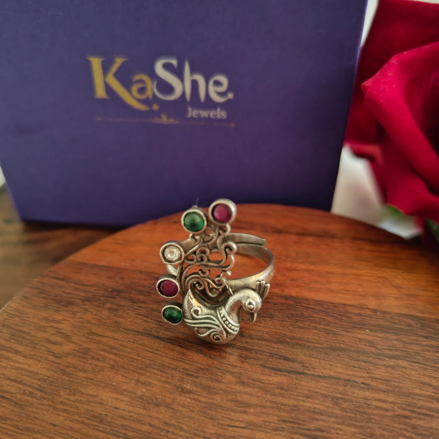 Statement 3D Peacock Ring With Bezel Set Pink Green Coloured Stones (Adjustable)