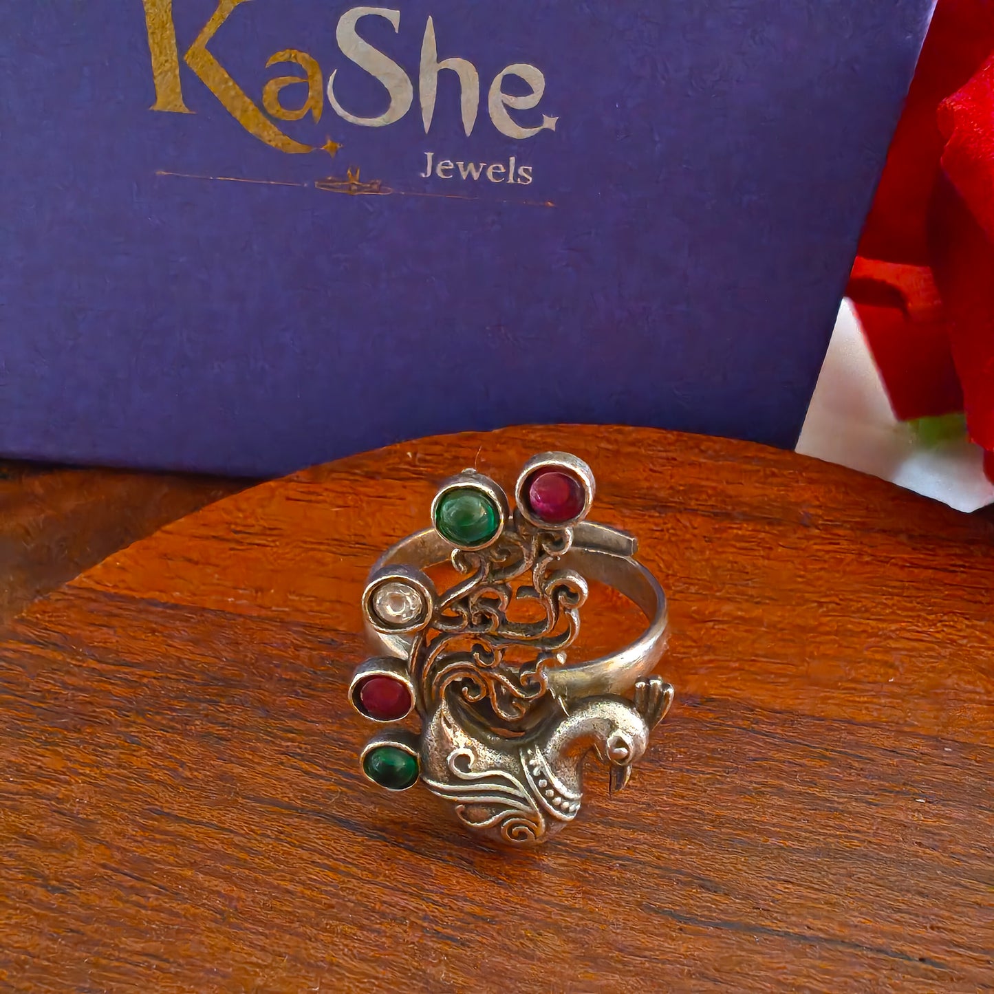 Statement 3D Peacock Ring With Bezel Set Pink Green Coloured Stones (Adjustable)