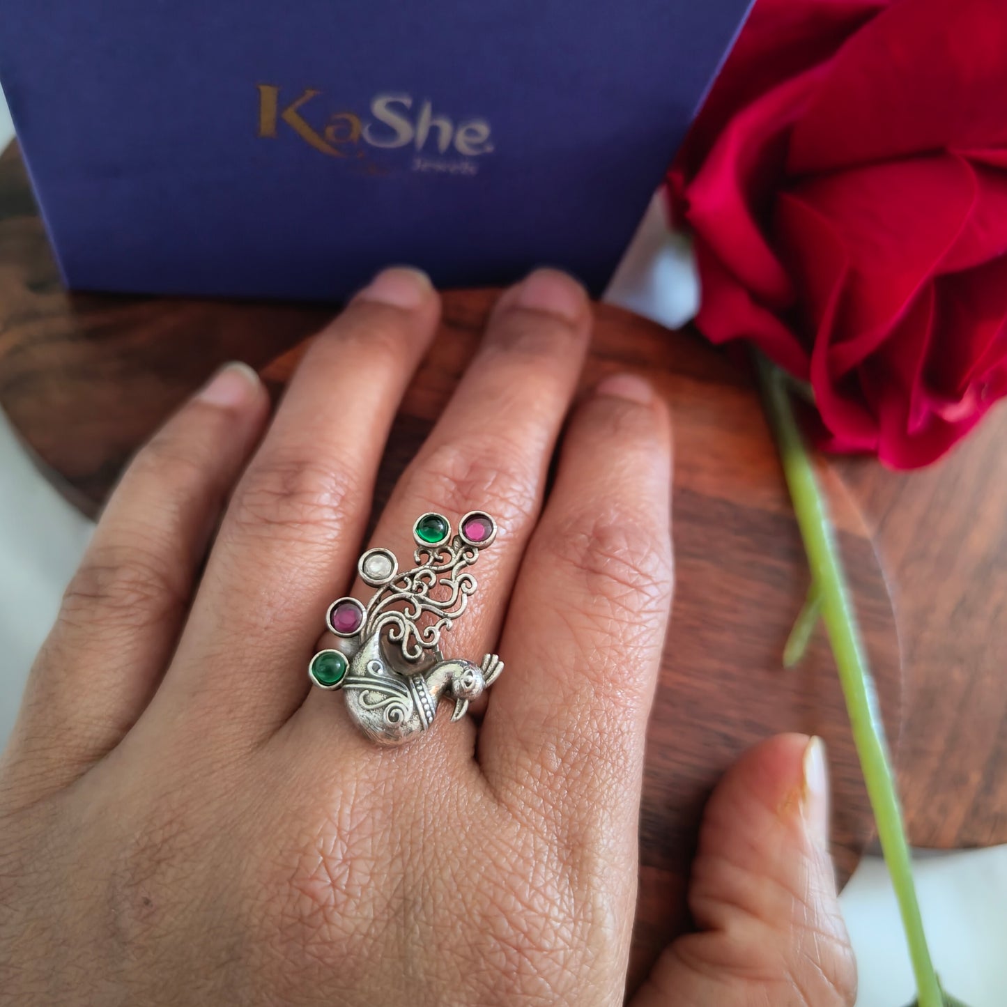 Statement 3D Peacock Ring With Bezel Set Pink Green Coloured Stones (Adjustable)