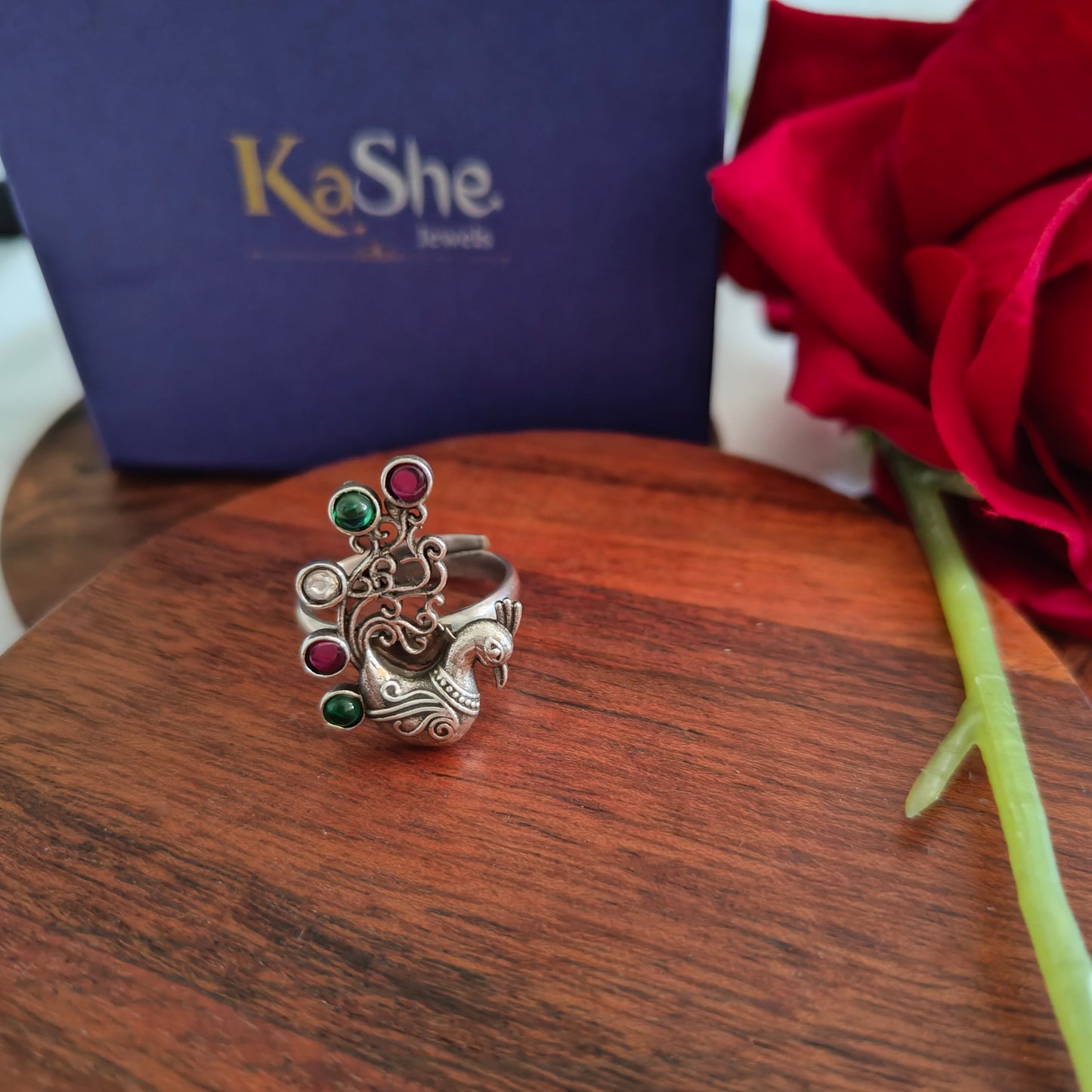 Statement 3D Peacock Ring With Bezel Set Pink Green Coloured Stones (Adjustable)