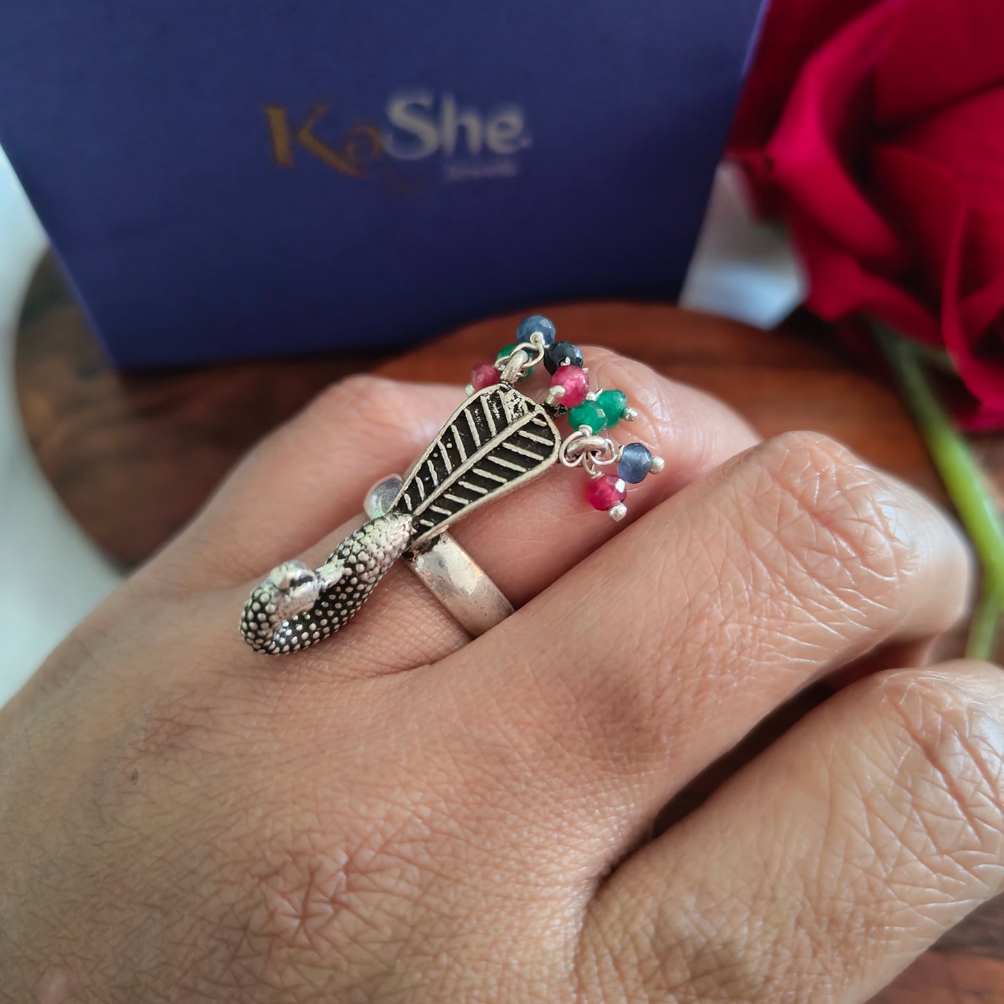Statement 3D Textured Peacock Long Ring With Pink Green Coloured Stones Drop (Adjustable)