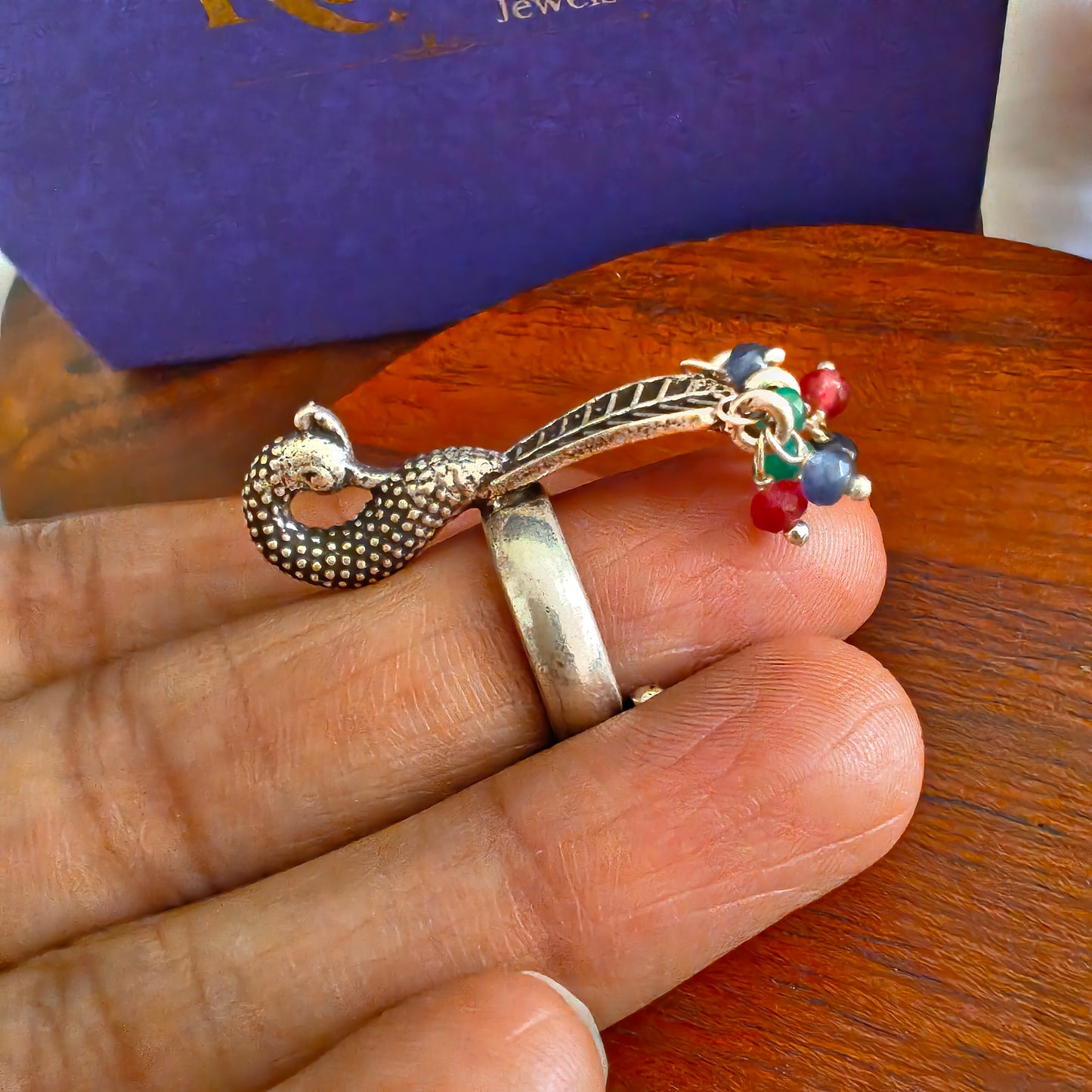 Statement 3D Textured Peacock Long Ring With Pink Green Coloured Stones Drop (Adjustable)