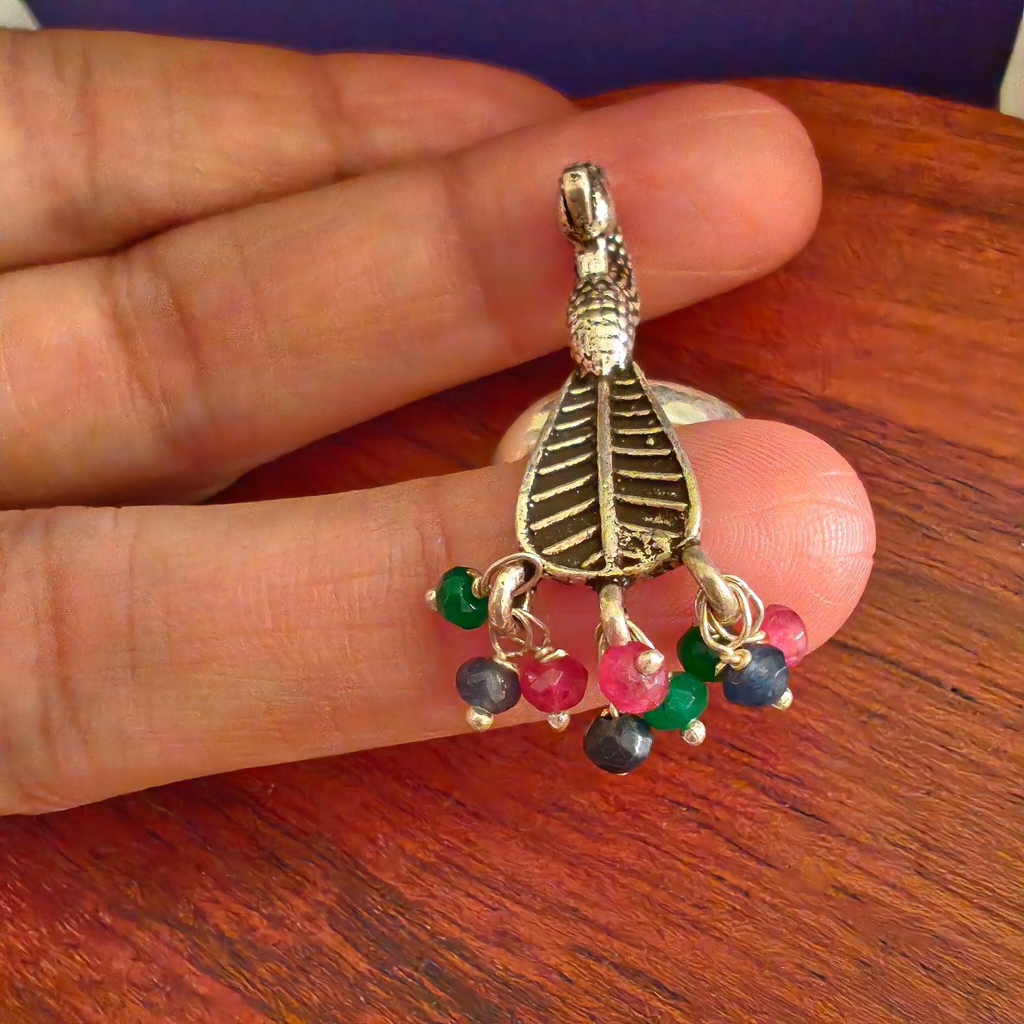 Statement 3D Textured Peacock Long Ring With Pink Green Coloured Stones Drop (Adjustable)