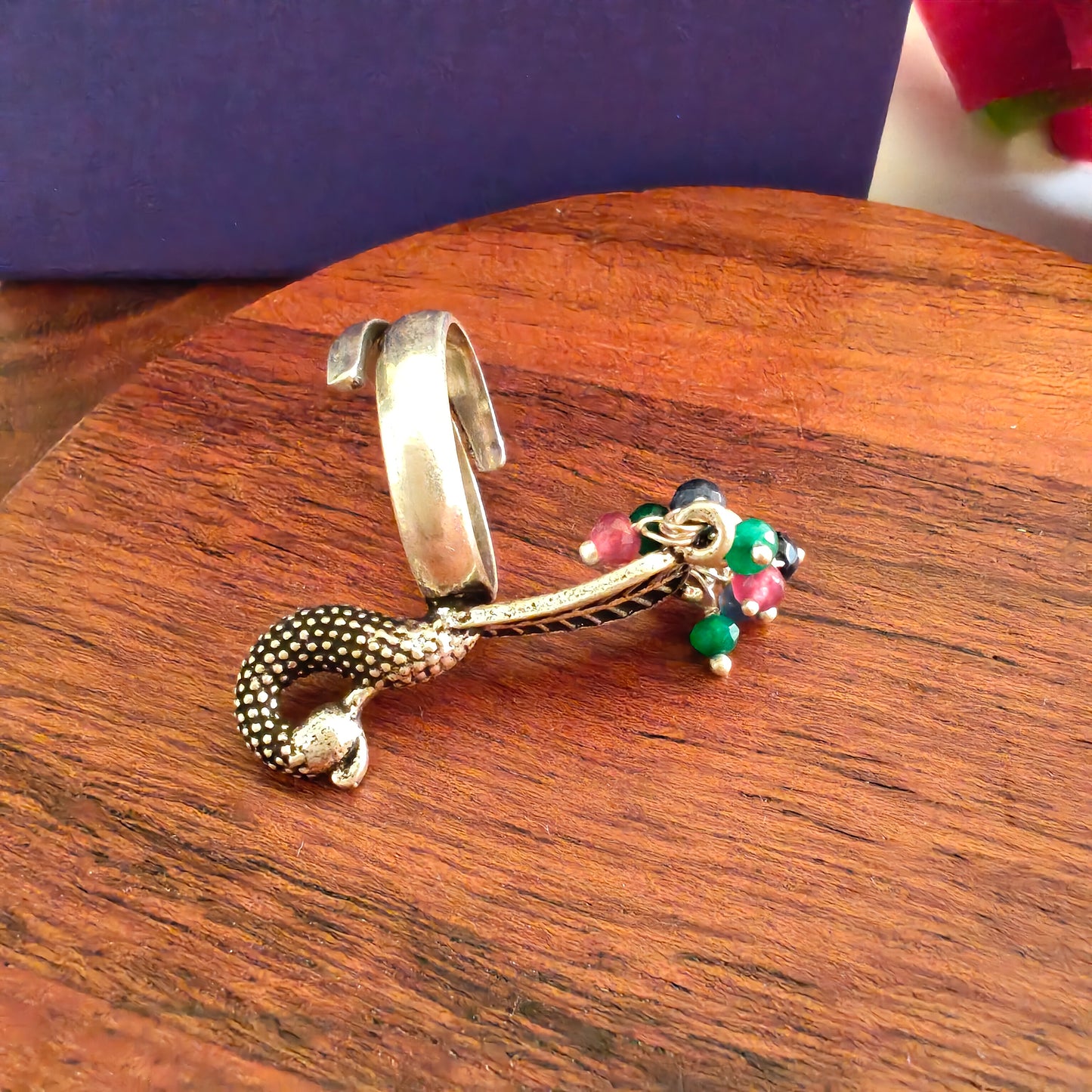 Statement 3D Textured Peacock Long Ring With Pink Green Coloured Stones Drop (Adjustable)