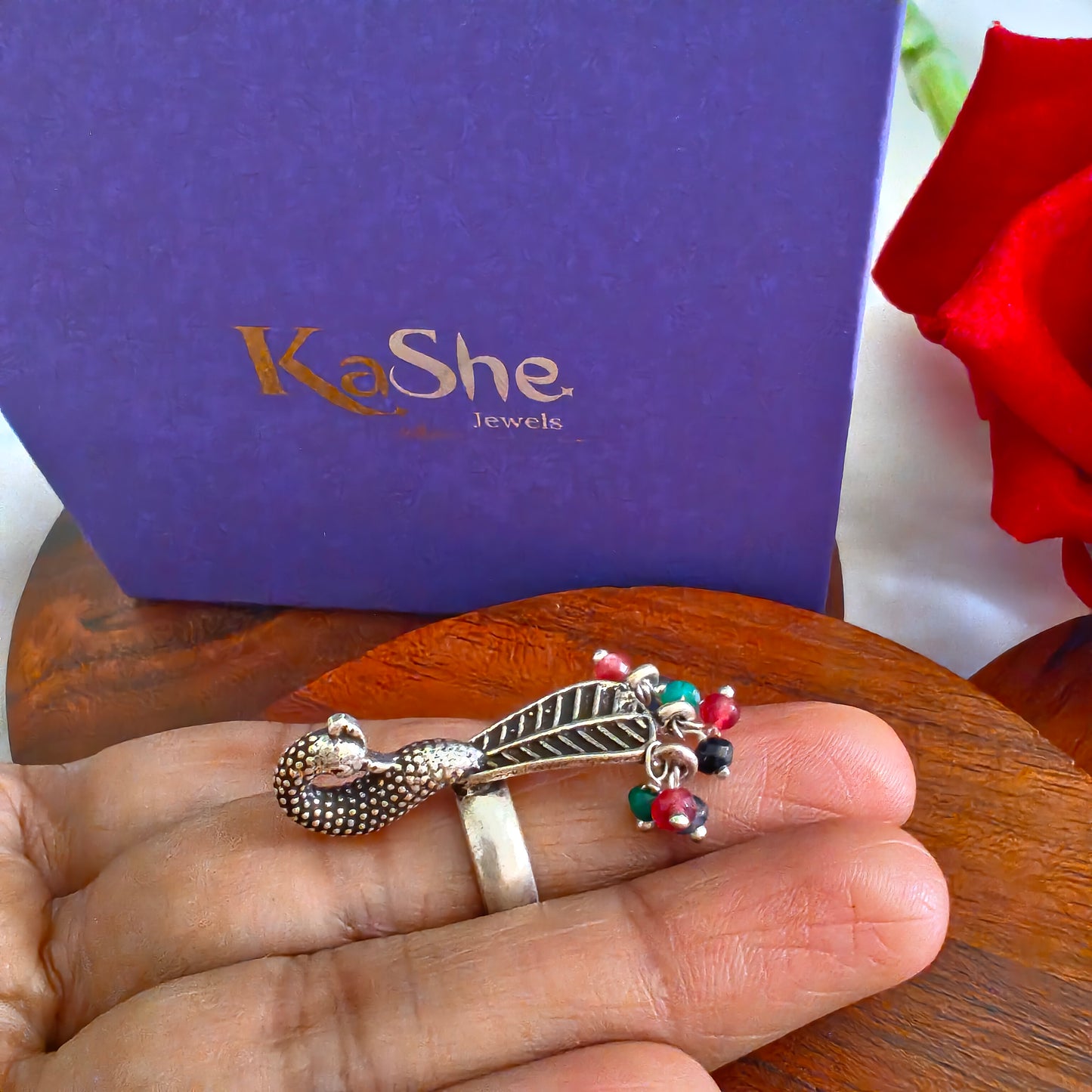 Statement 3D Textured Peacock Long Ring With Pink Green Coloured Stones Drop (Adjustable)