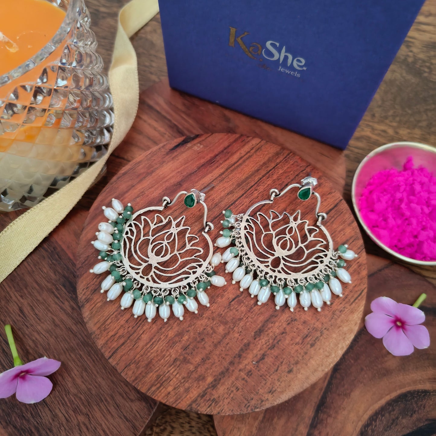 925 Silver Lotus Circular Jali Stud Chandelier With Pearl And Green Stones Drops Statement Dangler