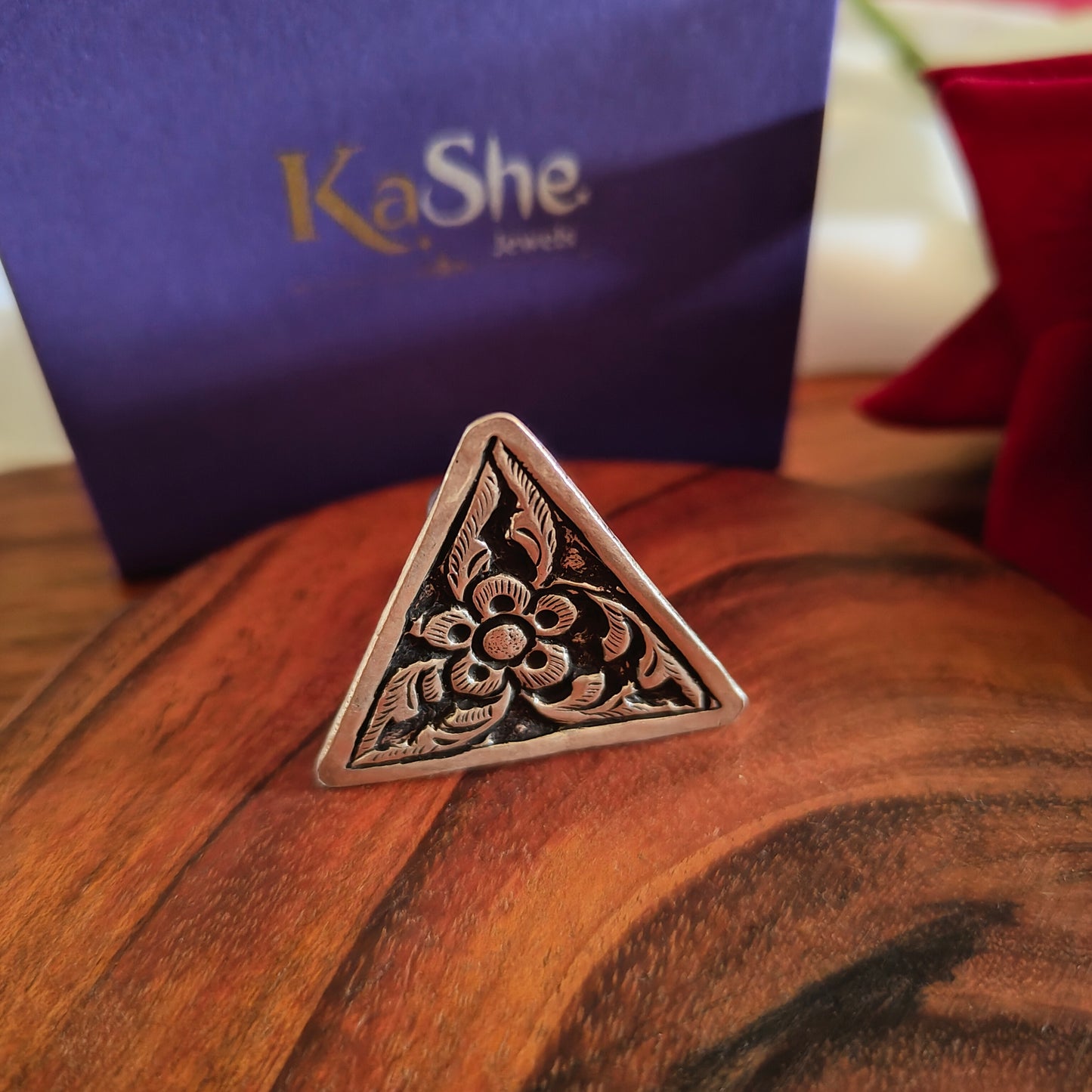Classic Silver Floral And Fona Chitai Triangular Shaped Ring