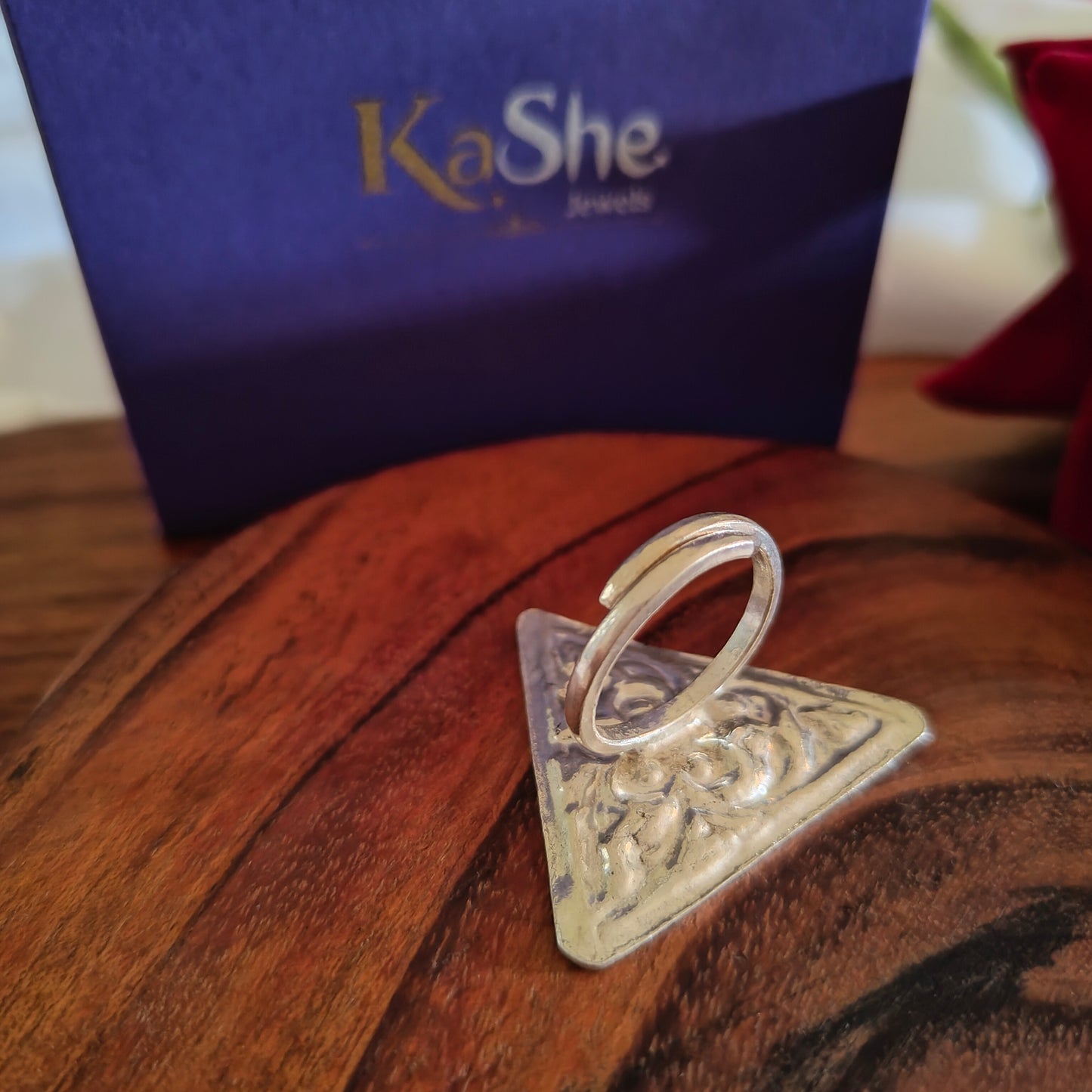 Classic Silver Floral And Fona Chitai Triangular Shaped Ring