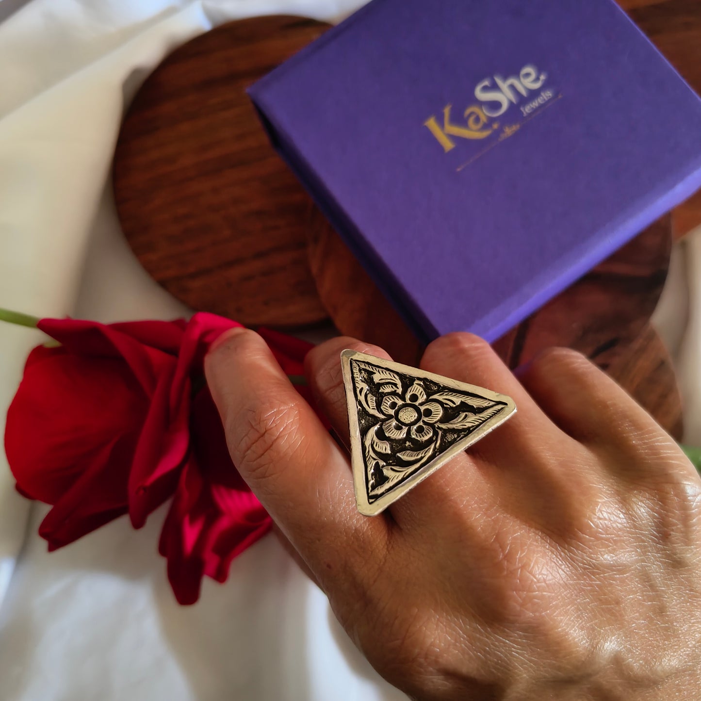 Classic Silver Floral And Fona Chitai Triangular Shaped Ring