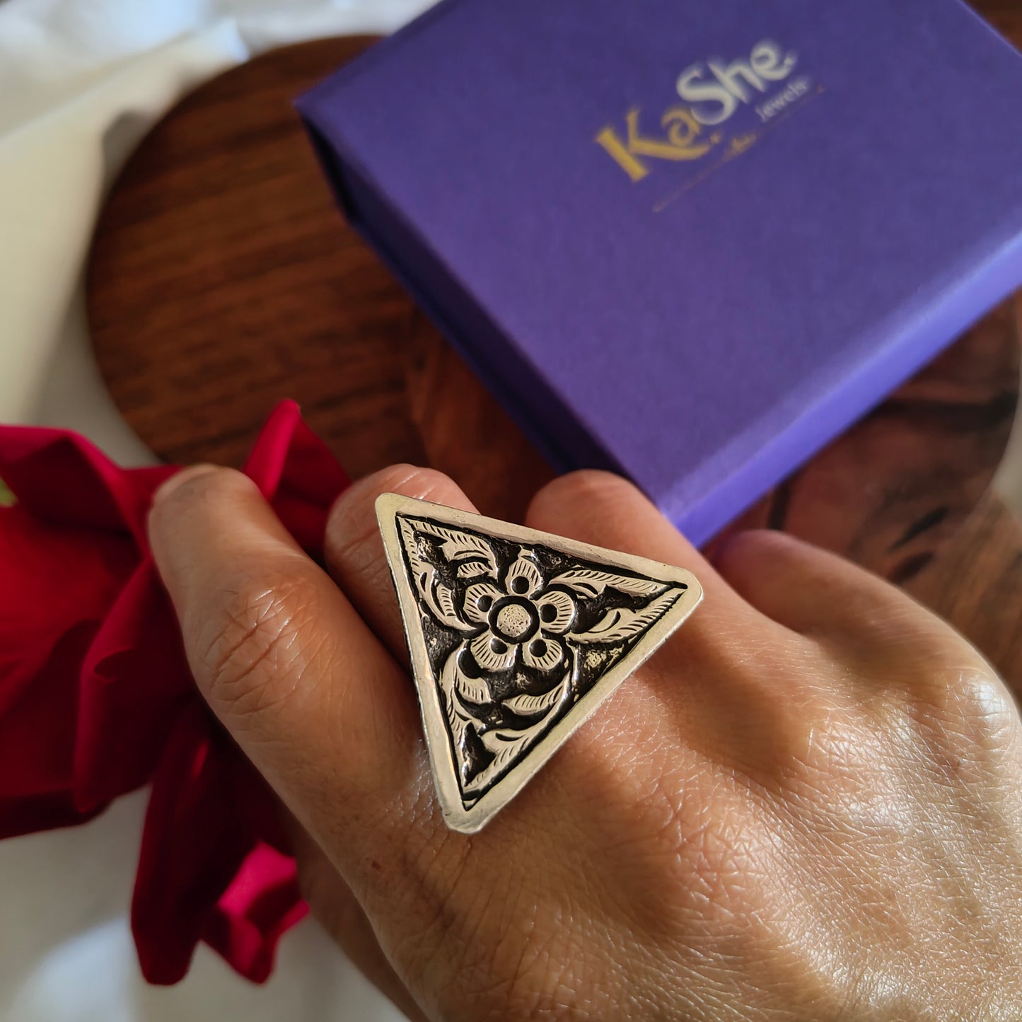 Classic Silver Floral And Fona Chitai Triangular Shaped Ring