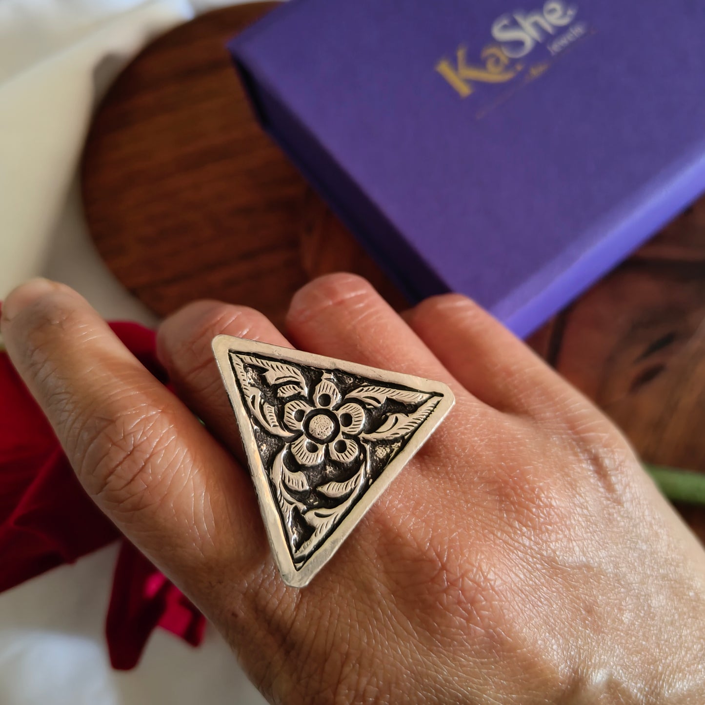 Classic Silver Floral And Fona Chitai Triangular Shaped Ring