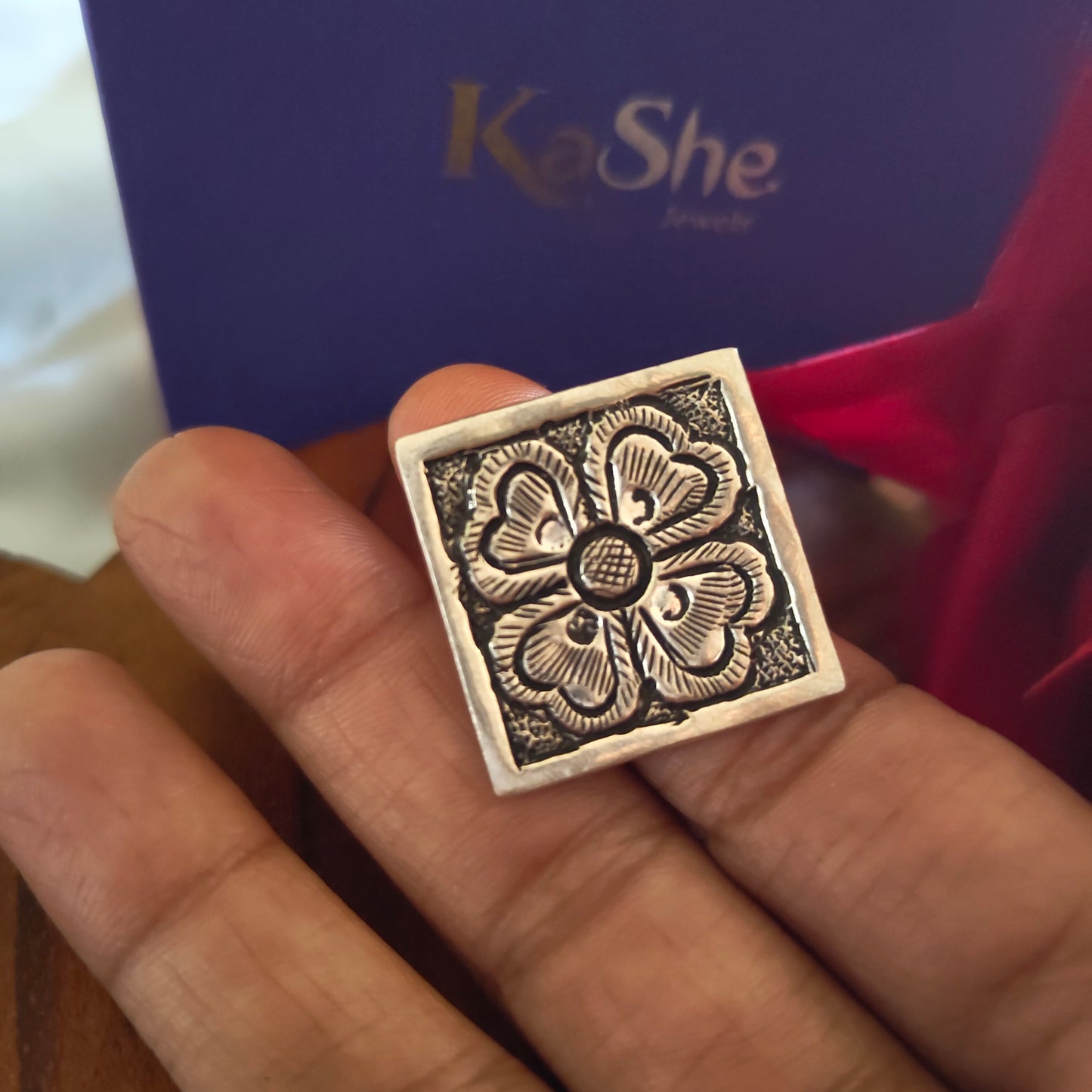 Classic Silver Floral And Fona Chitai Square Shaped Ring