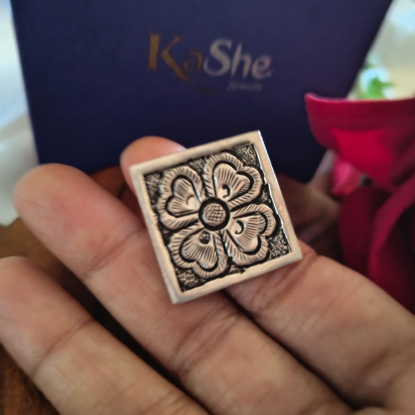 Classic Silver Floral And Fona Chitai Square Shaped Ring