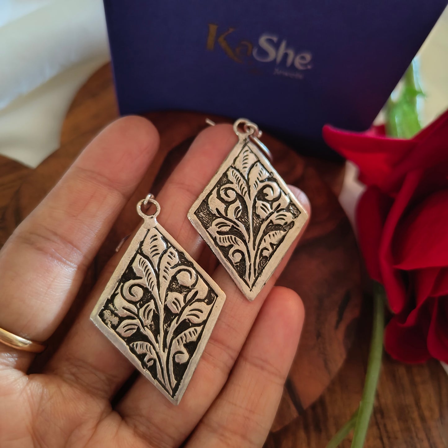 Classic Silver Floral And Fona Chitai Rhombus Shaped Hook Earrings (ii)